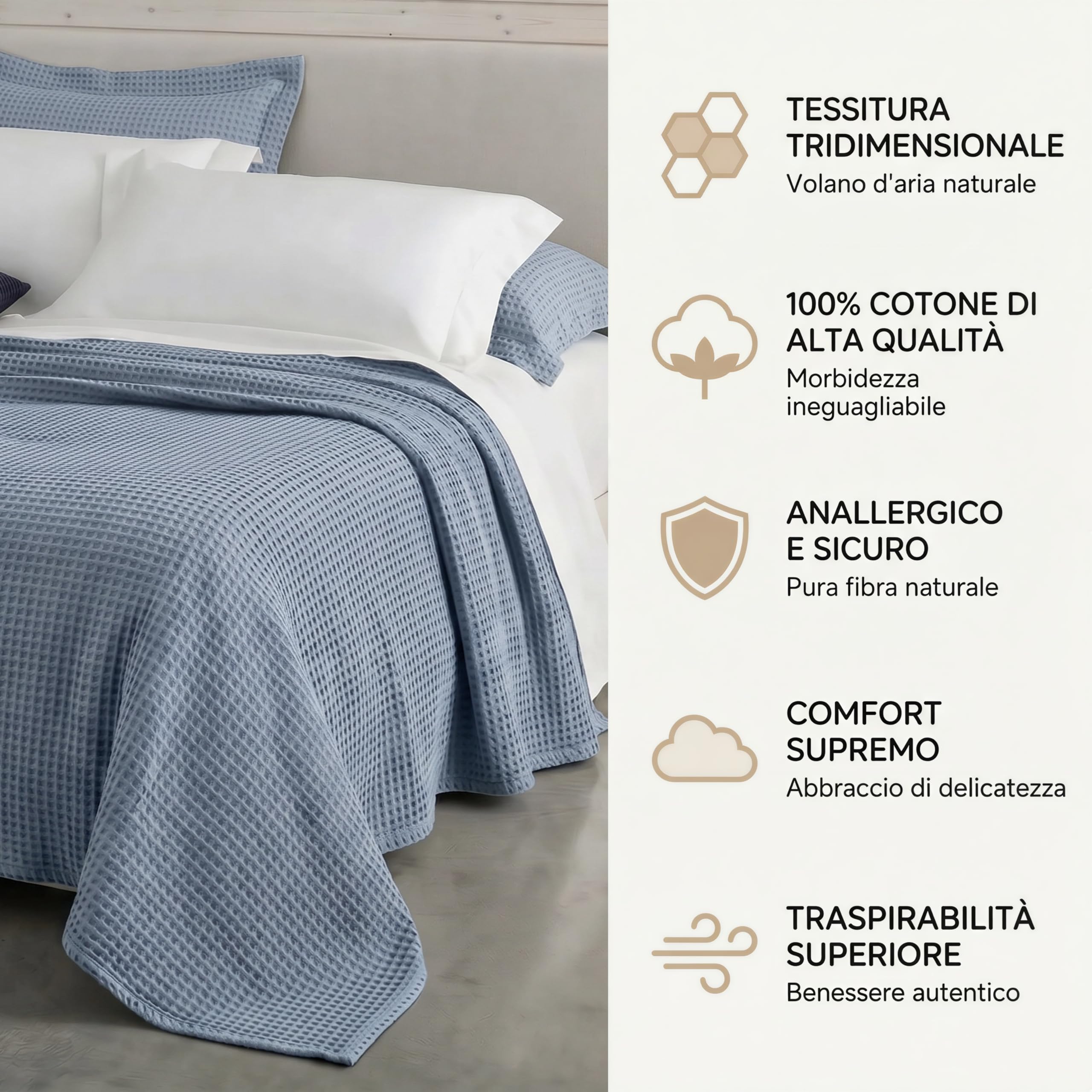 Mahome Copriletto Nido d'Ape Matrimoniale in 100% Puro Cotone di Alta Qualità 260x260 cm, Coperta Estiva Primaverile Leggera e Traspirante, Tinta Unita Elegante Morbido (Azzurro Polvere)