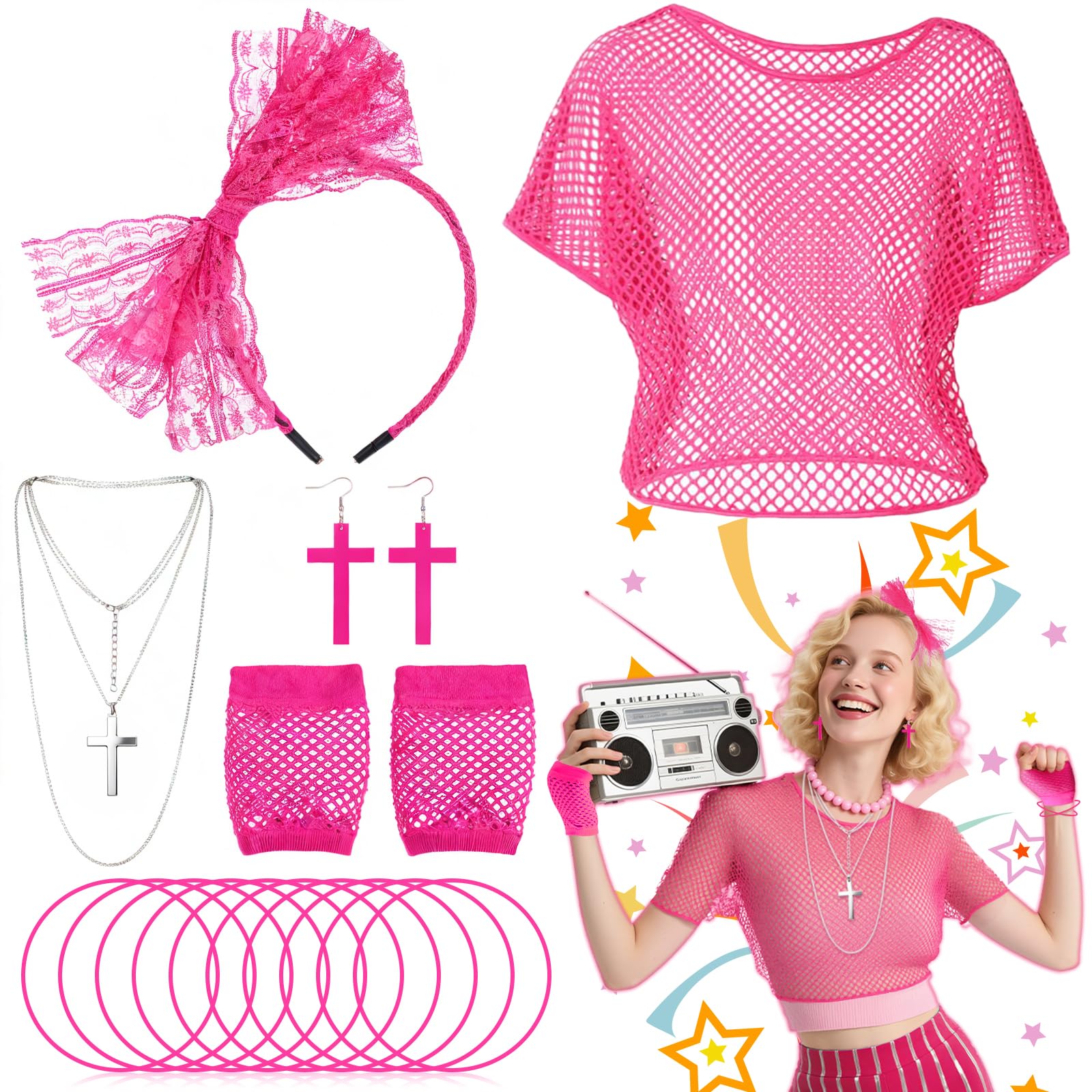 80s Neon Costume Accessories for Women, 1980s Costumes Fancy Dress Set with Fishnet Top Lace Headband Cross Necklace Earrings Mesh Gloves Bracelet for 80s 90s Theme Hen Do Party Girls Night (Rose Red)