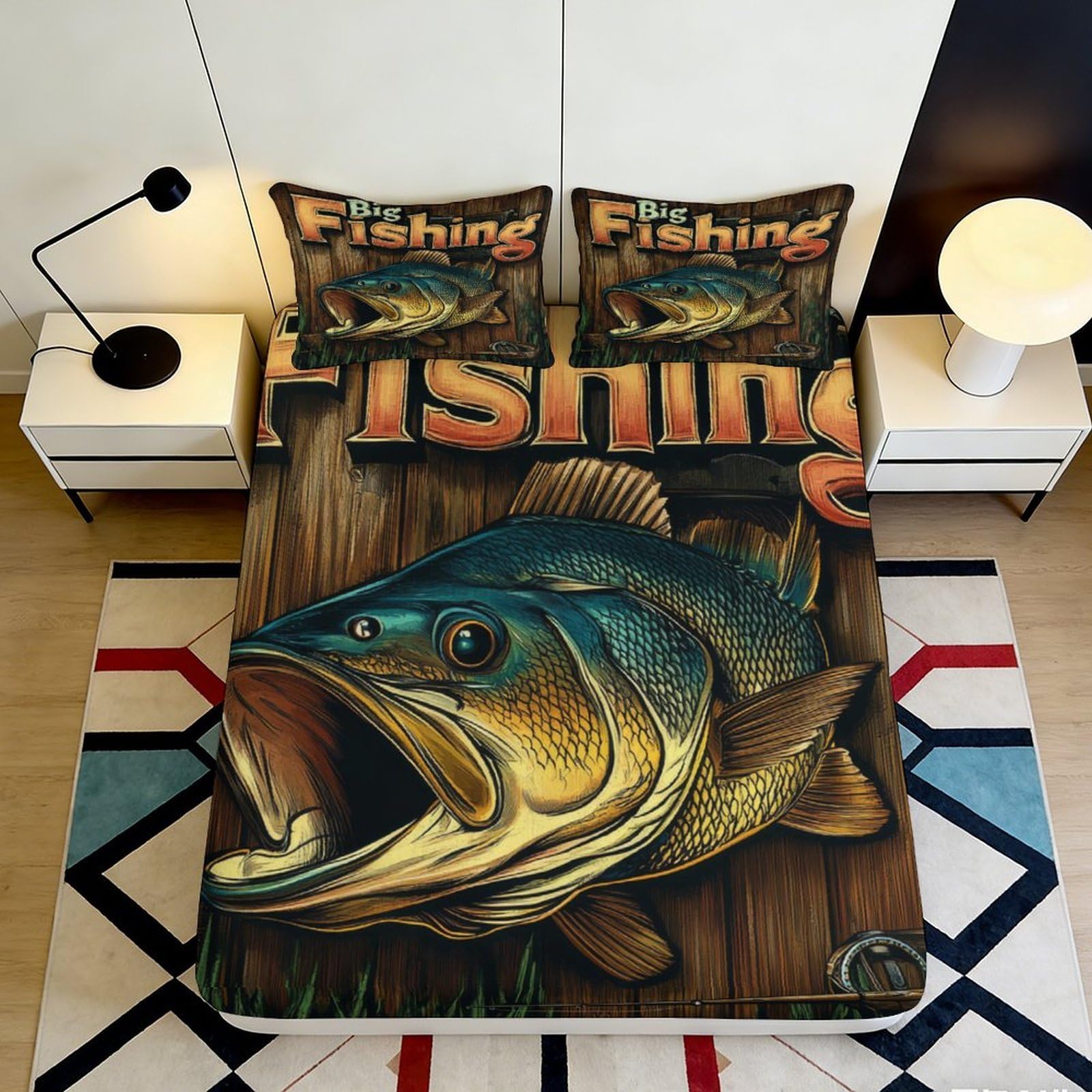 3D Printed Largemouth Bass Fishing Fitted Sheet Microfiber Anti-Slip Bed Sheet for Bedroom Dorm Mattress Cover Decor 90x200x25cm