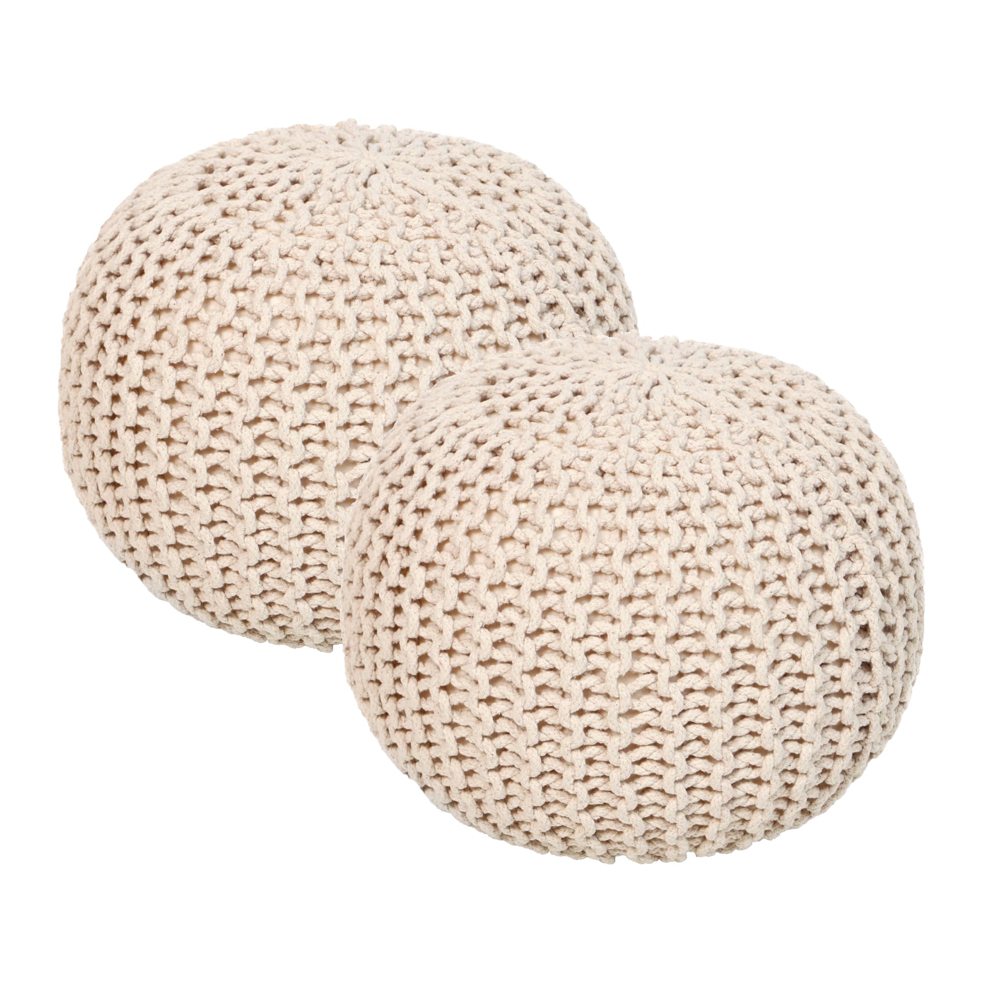 REDEARTH · Round Pouf Ottoman - Hand Knitted Cable Boho Poof Home Décor Pouffe Circular Footrest for Living Room - Nursery - Bedroom - Lounge 100% Cotton (18”x18”x14”) - Ivory, Set of 2