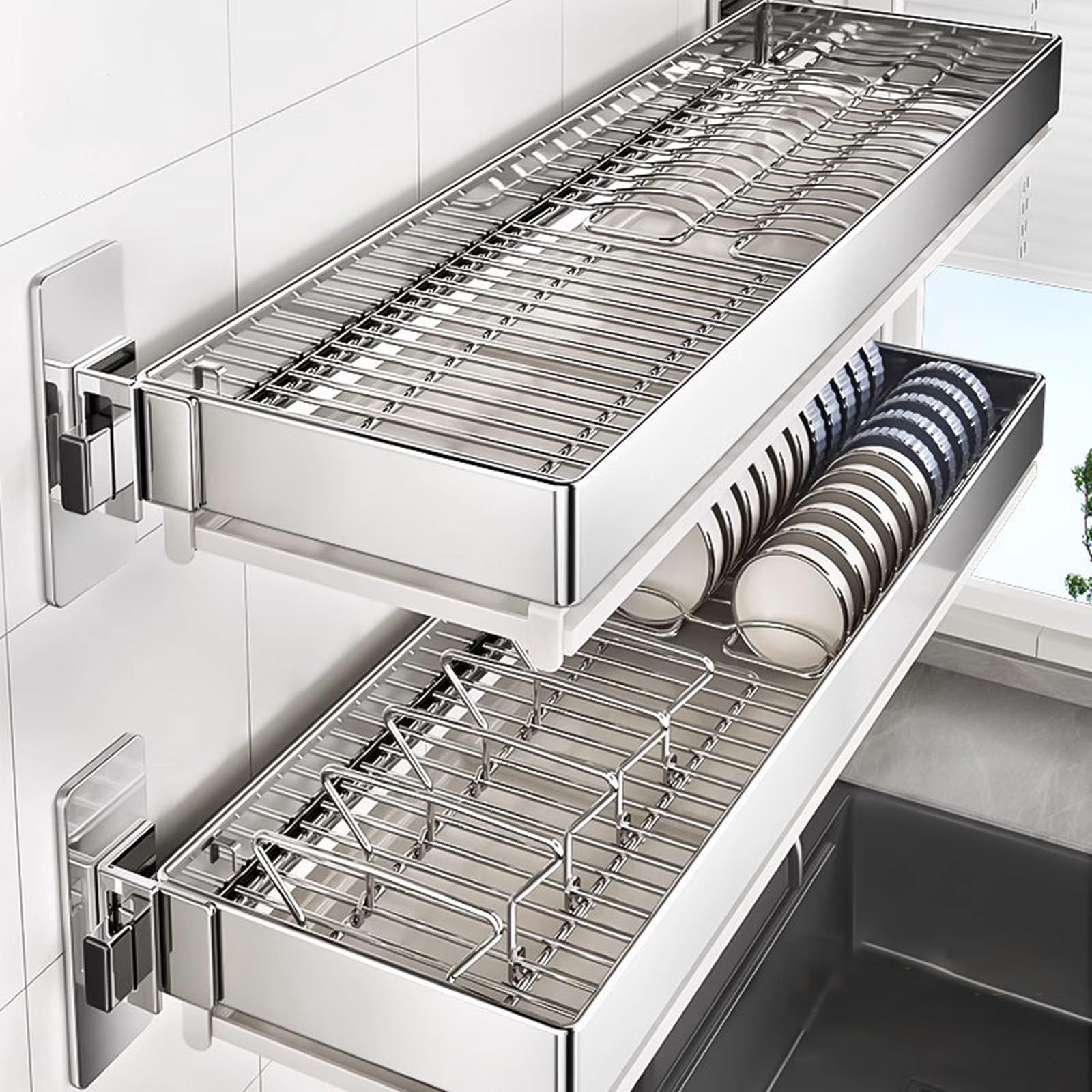 Escurridor de Platos de Pared, Rejilla de Secado de Platos de Pared, escurridor de Platos Colgante, escurridor de Almacenamiento de Platos con Bandeja de Goteo, Ahorra Espacio, para Platos,