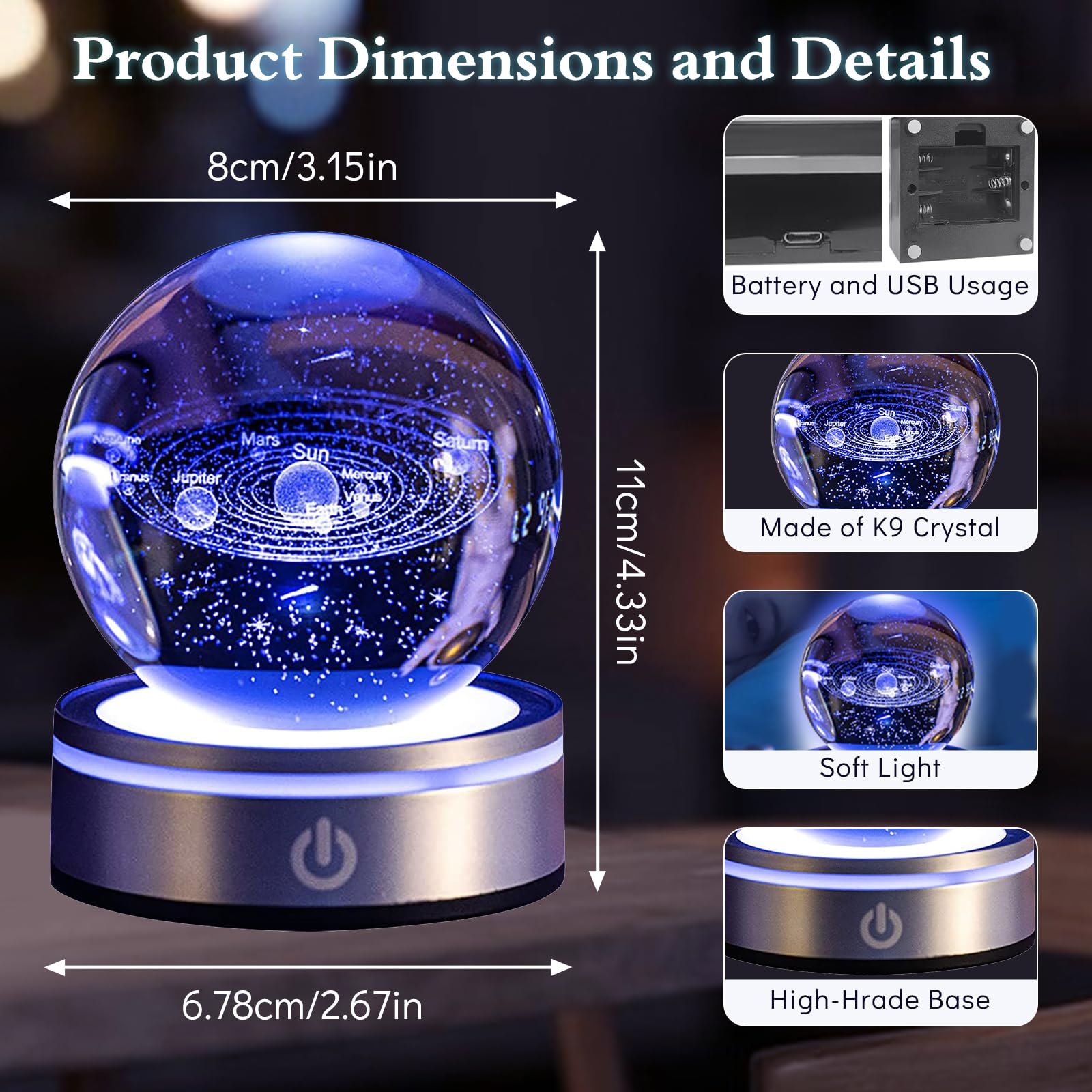 Lampada da Tavolo Personalizzata con Sistema Solare 3D Inciso, Sfera di Cristallo Luminosa a 7 Colori con Base Rotonda in Legno LED