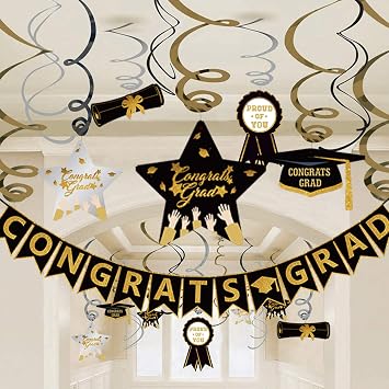 Graduation Hanging Swirl Decorations 2026 - Black Gold Silver Star Banner Garland, 22 Pcs Grad Party Ceiling Streamers for Class of 2026 Graduation Party Supplies
