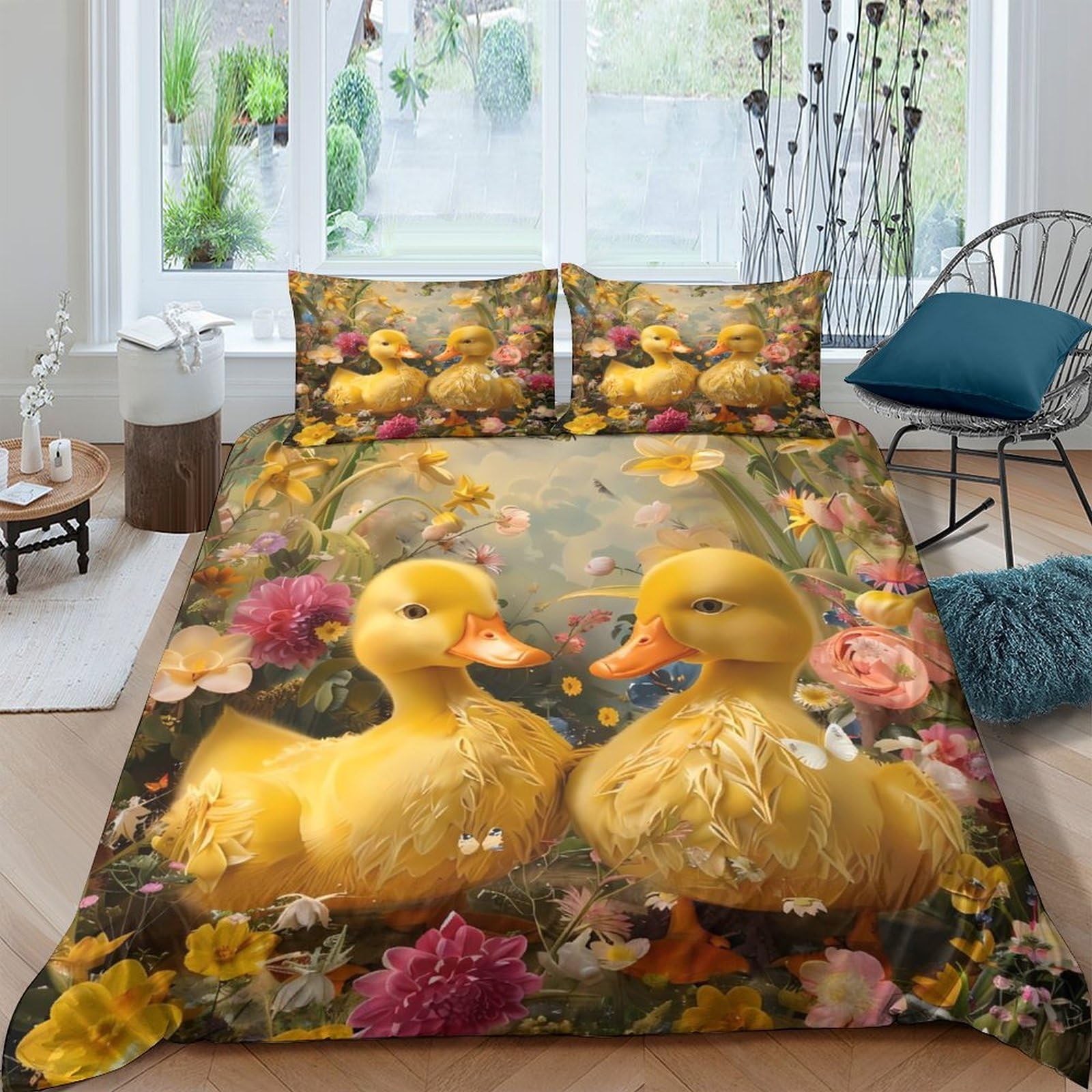 GPLZQXKJNH 3D Printed Duck Flower Duvet Cover Set Microfiber Soft Breathable Yellow Duckling Quilt Cover with 2 Pillowcases for Bedroom Home Decor Single（135x200cm）