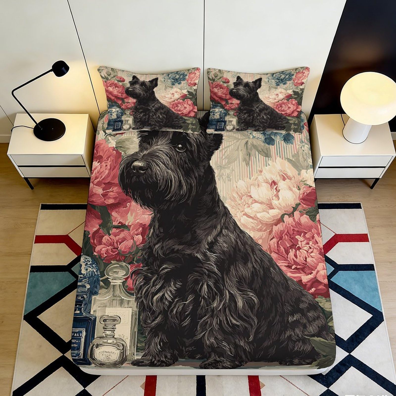 3D Printed Black Scottish Terrier Fitted Sheet Microfiber Floral Bed Cover for Bedroom Dorm Mattress Protection Decor 90x200x25cm