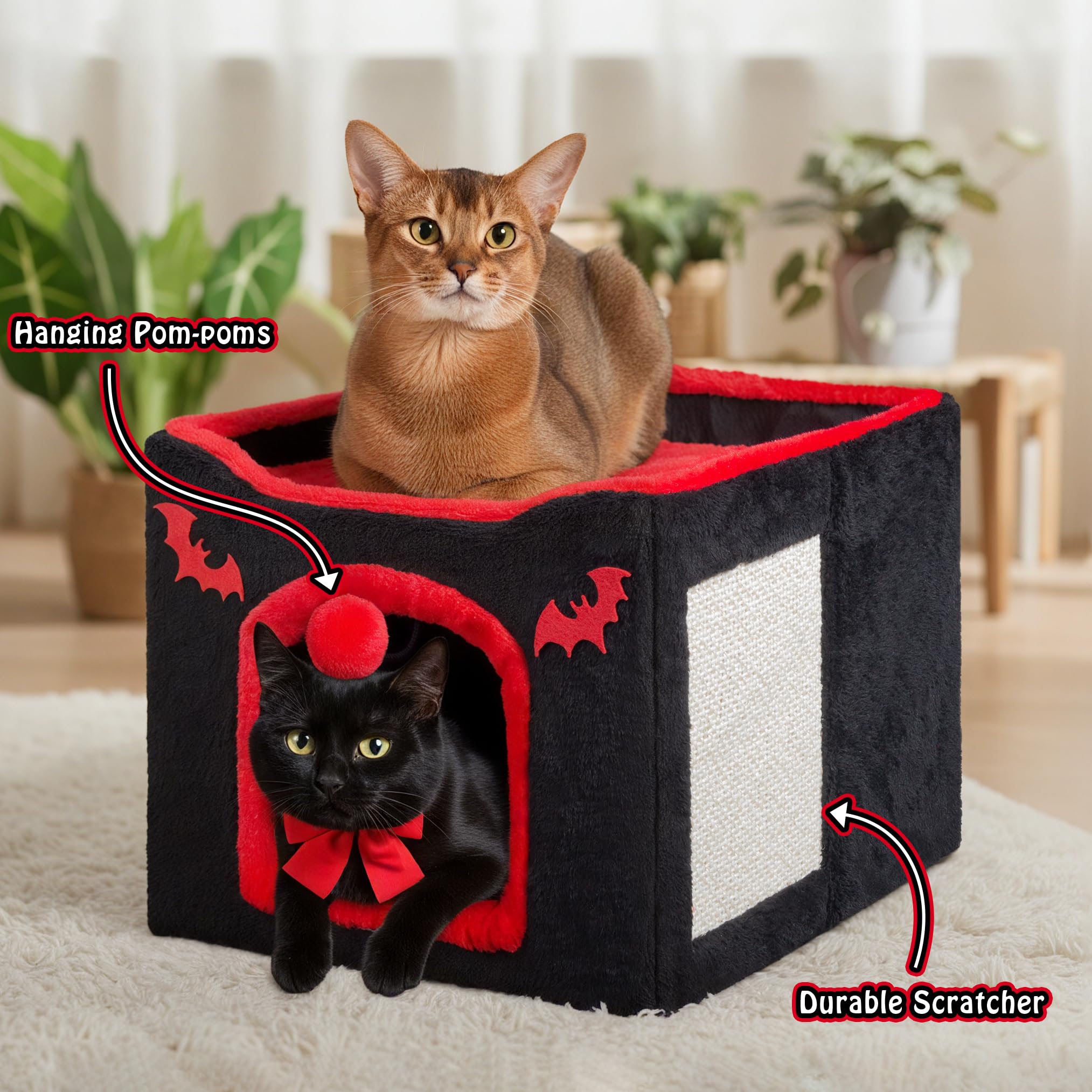 Cama gótica para gatos de interior, casa cueva de ataúd con almohadilla para rascar y juguete de bola esponjosa, cubo escondite plegable de Halloween, cama para mascotas para gatitos y gatos