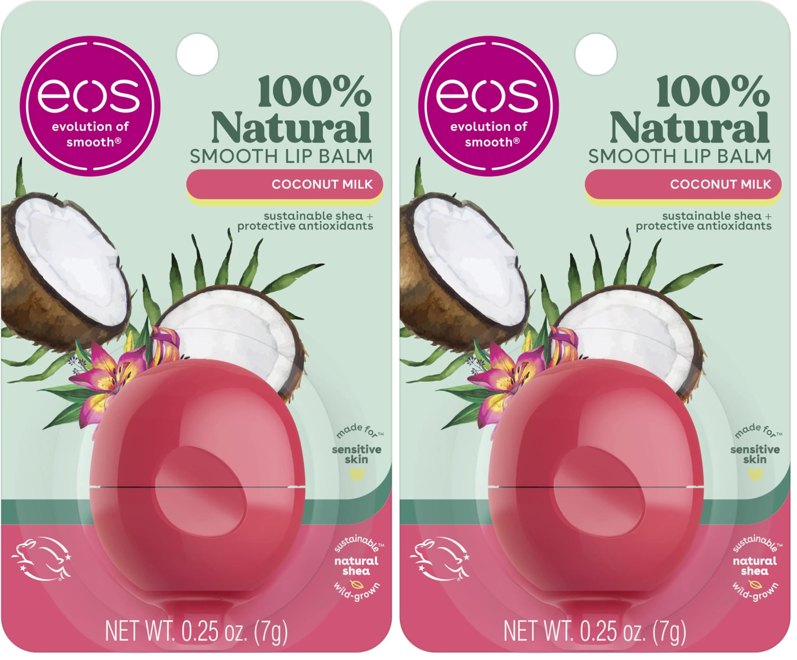 eos 100% Natural Lip Balm- Coconut Milk, All-Day Moisture, Made for Sensitive Skin, Lip Care Products, 0.25 oz (Pack of 2)
