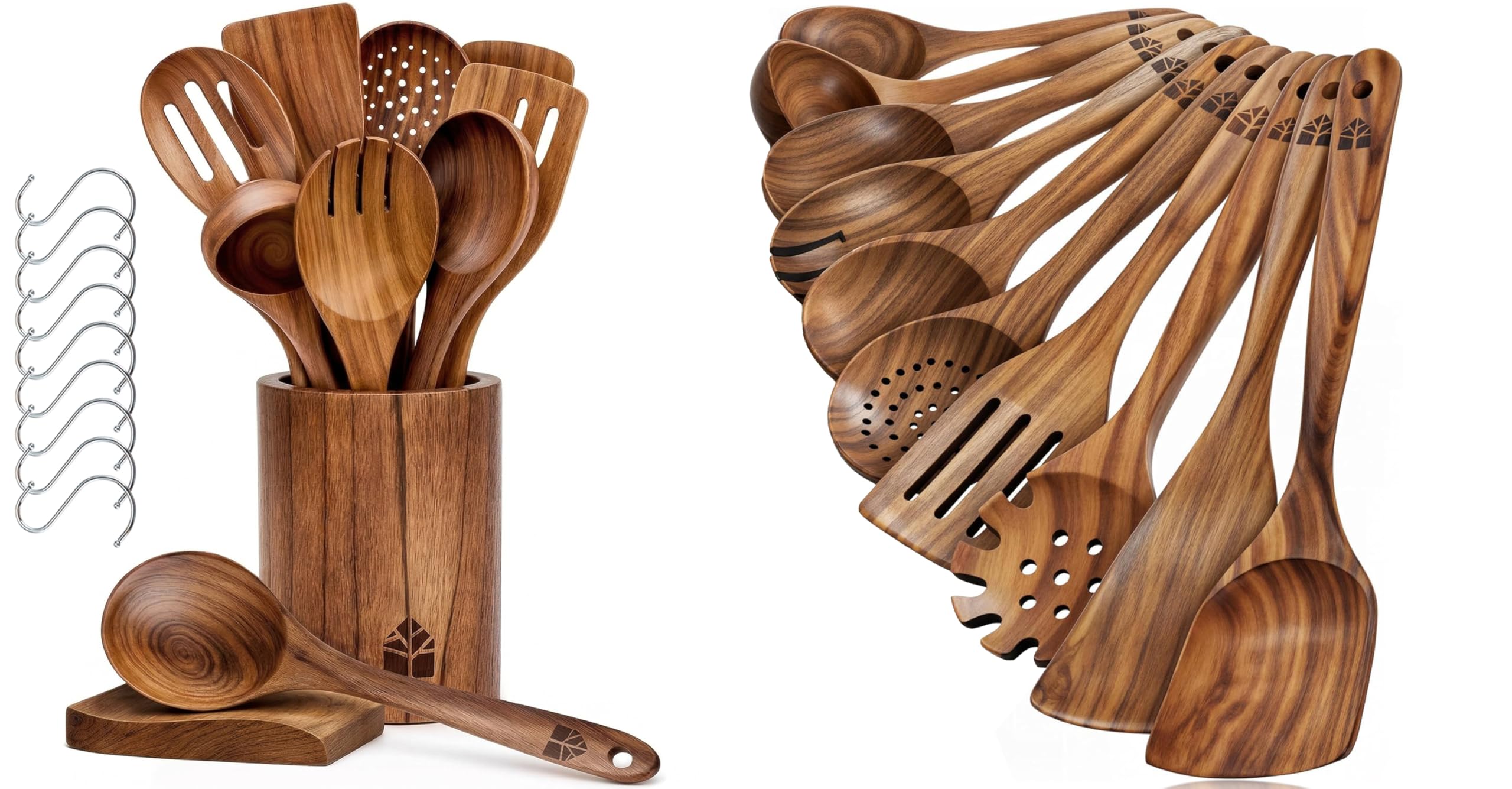 Ustensiles de Cuisine Bois – Ensemble Premium en Teck 22 Pièces avec Cuillère en Bois, Spatule, Crochet, Pot à Ustensiles et Repose-Cuillère – Résistants à la Chaleur, Anti-Rayures, Faciles à Nettoyer