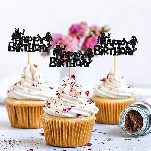 Miniatura 4 de Ercadio Paquete de 24 adornos para cupcakes de feliz cumpleaños, diseño de robot de dibujos animados negros, piezas de robot, decoración de pastel