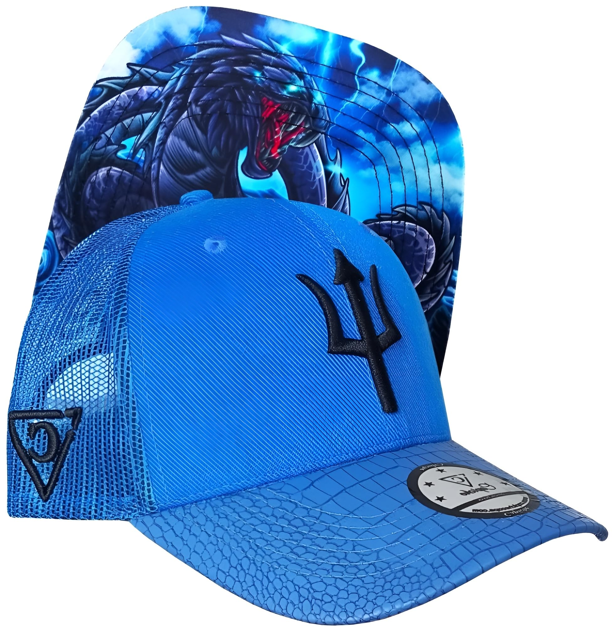 Capiche Unisex D-322 - Basilisk Tr [99+ Variations] Basilisk Trucker Cap - Blue Mesh Hat With Faux Leather Brim, Black Embroidered Trident Logo, Mythical Dragon Snake Undervisor Art, Adjustable Snapback For Fantasy
