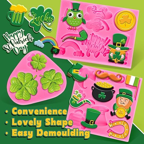 Miniatura 3 de Whaline 3 moldes de fondant del día de San Patricio, sombrero de trébol, moldes de silicona 3D, duendes, zapatos de gnomo, trébol, zapatos, molde de