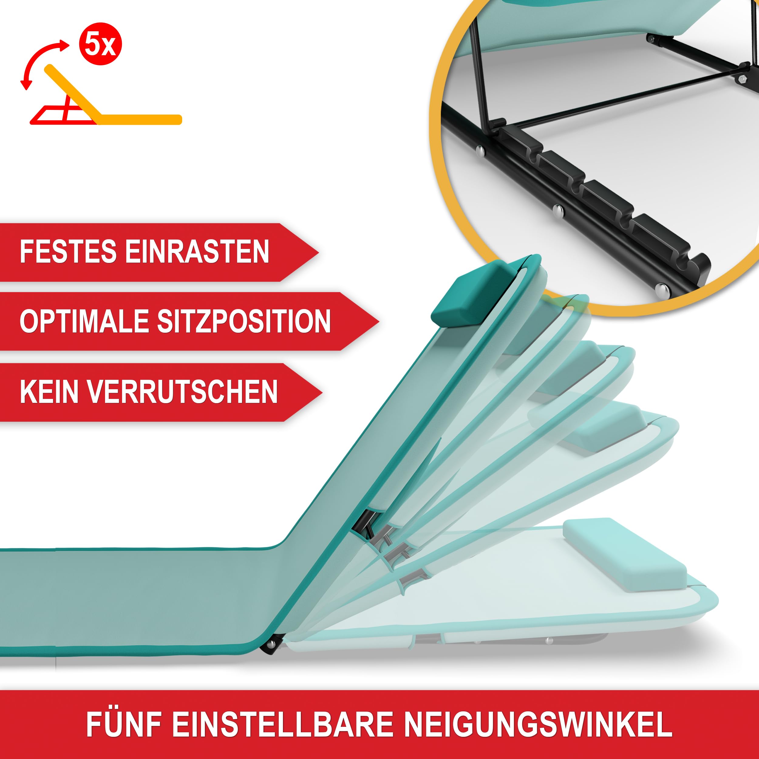Onbest Bequeme Strandliege 165 cm lang - mit Verstellbarer Rückenlehne und Liegekissen – praktisches Staufach – Strandmatte klappbar – Leichter Transport – inkl. Tragetasche - Strandmatte (Türkis)