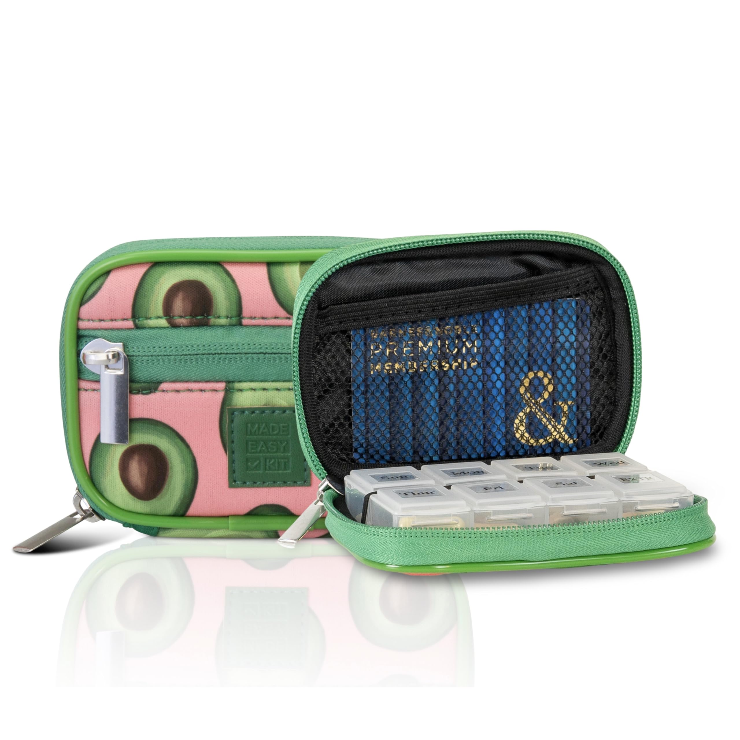 Made Easy KitPill Case for Everyday and Travel - 7-Day Weekly Medicine Supplement Vitamin Organizer Sorter Tracker - Neoprene Bag with Pockets - Compact Portable 8 Compartments (Green Avocado)