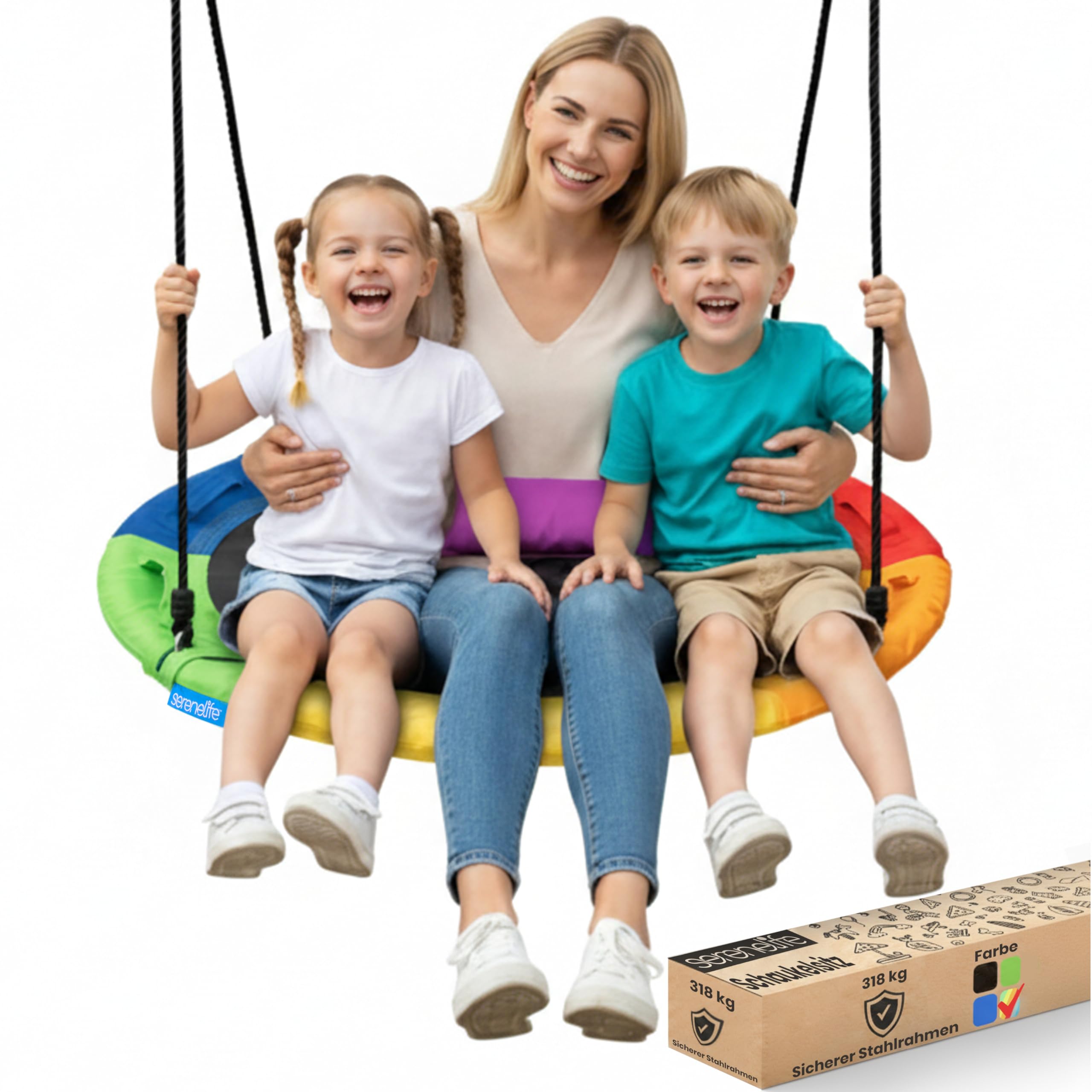 SereneLife Nestschaukel Outdoor, 101 cm Kinder Schaukel, bis 320 kg belastbar, höhenverstellbar, Baumschaukel für Garten, Kinder & Erwachsene, Regenbogen