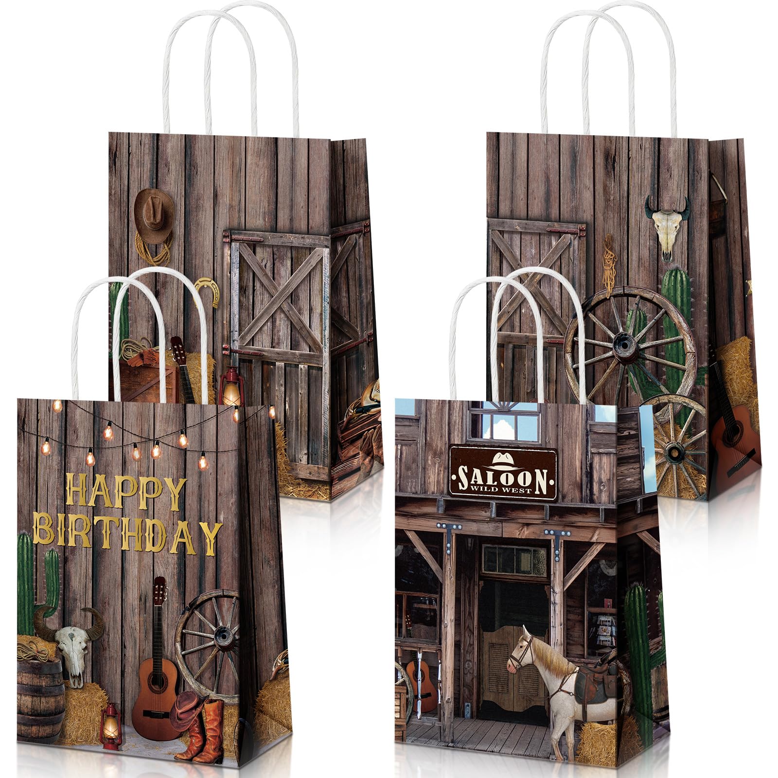 Pasimy 36 Pcs Cowboy Party Bags Bulk Wild West Goodie Bags with Handle Western Theme Paper Gift Candy Treat Party Favor Wrapping for Birthday Baby