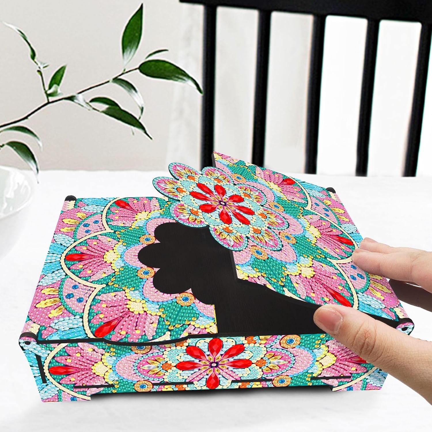 Diamond Art Painting Mandala Wood Box with Mirror, Diamond Art Wooden Boxes Jewelry Storage Box, DIY Diamond Art Box, Special Shape Crystal Mosaic Arts Crafts for Dresser Desktop Decor-#22-2PC
