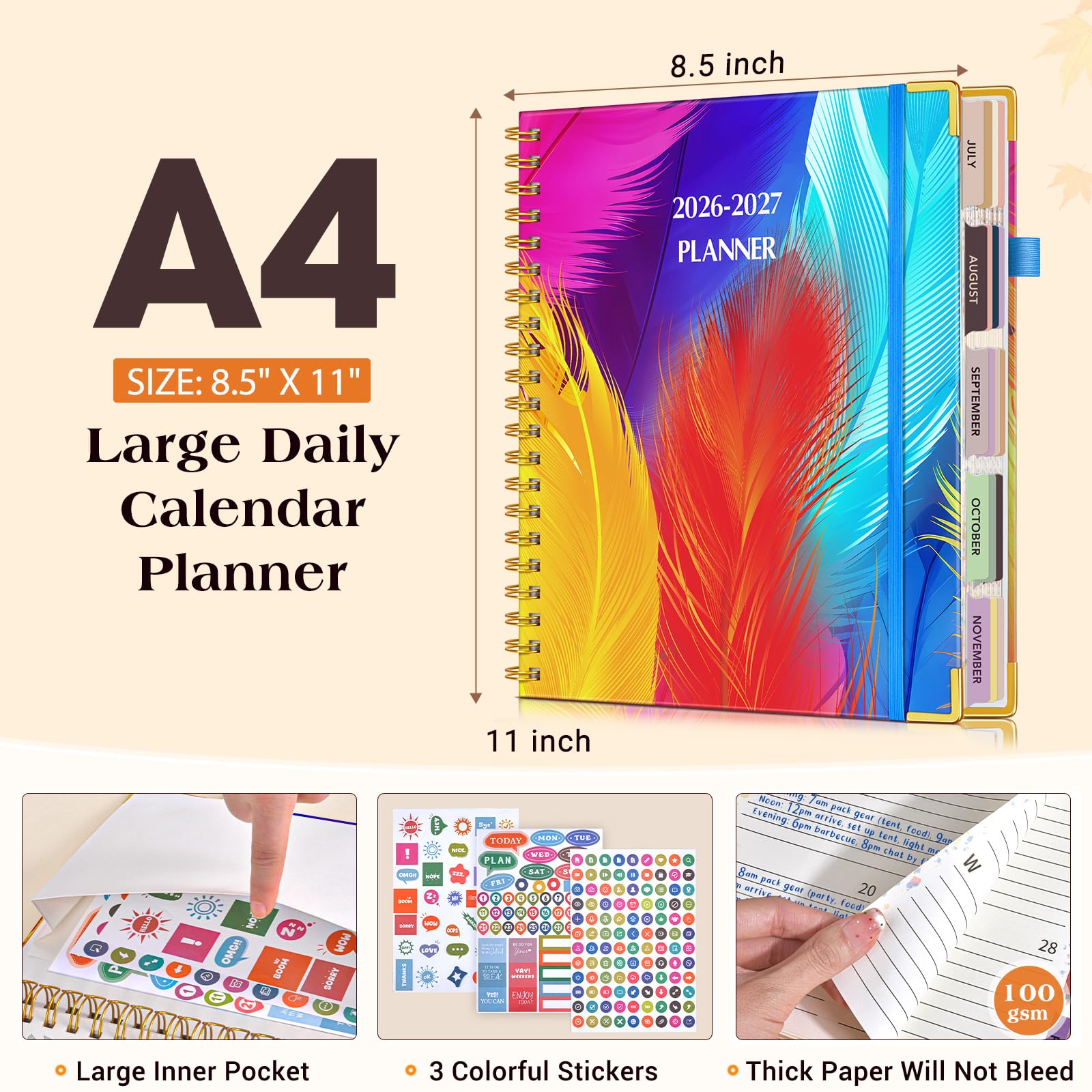 Agenda accademica 2026-2027, formato A4, 18 mesi, calendario settimanale e mensile da luglio 2026 a dicembre 2027, copertina rigida in pelle con linguette, pianificatore giornaliero per studenti