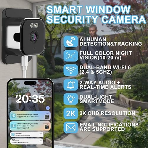 Miniatura 3 de Cámara de ventana de 3 MP 2K con visión nocturna a color, WiFi de doble banda de 2.4 GHz y 5 GHz, cámara de seguridad para interiores, detección de
