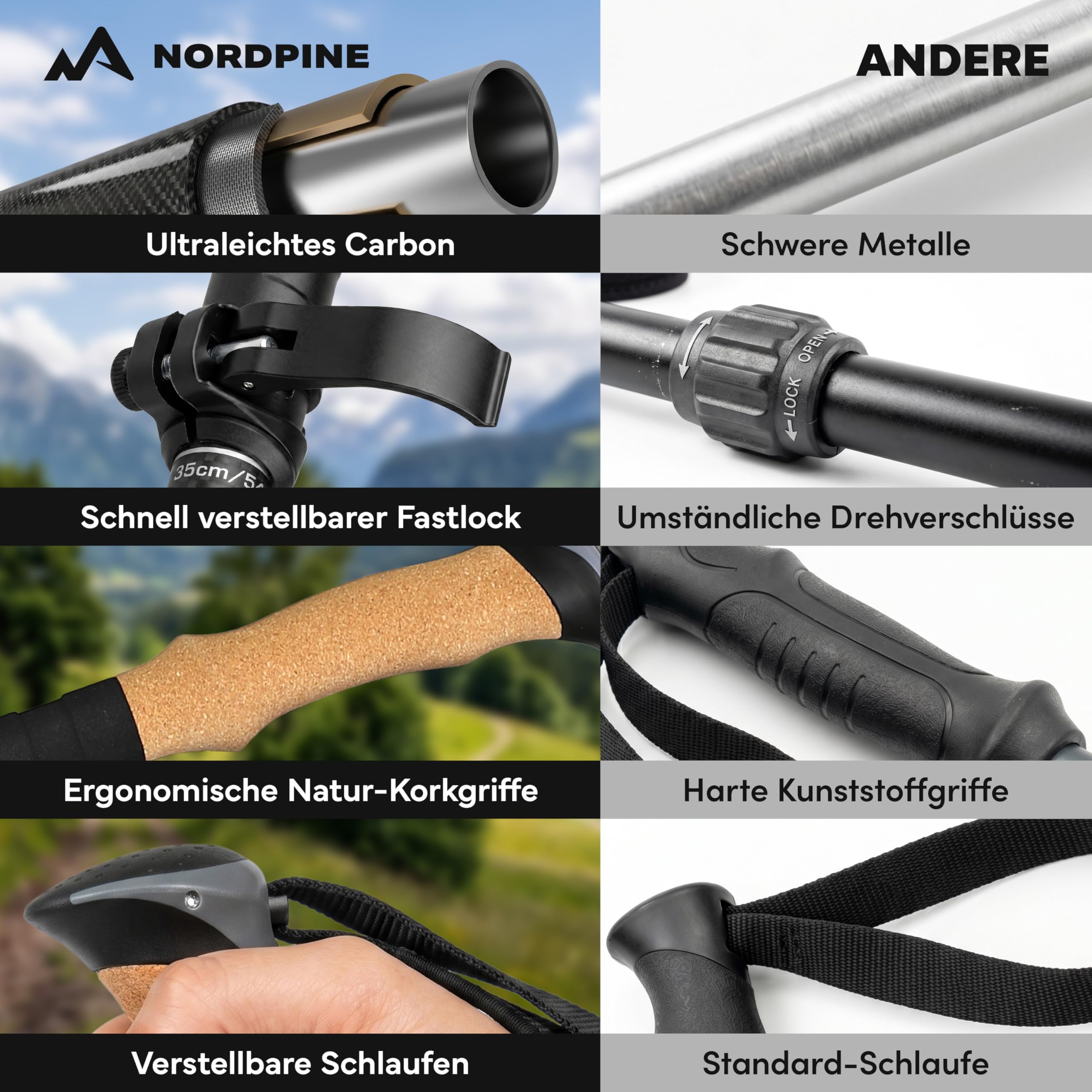 Wanderstöcke faltbar - Carbon & Aluminium für Damen & Herren - Ultraleichte Trekkingstöcke mit Korkgriff & Wolframspitze - Nordic Walking Stöcke mit Gummipuffer - Trekkingstöcke faltbar