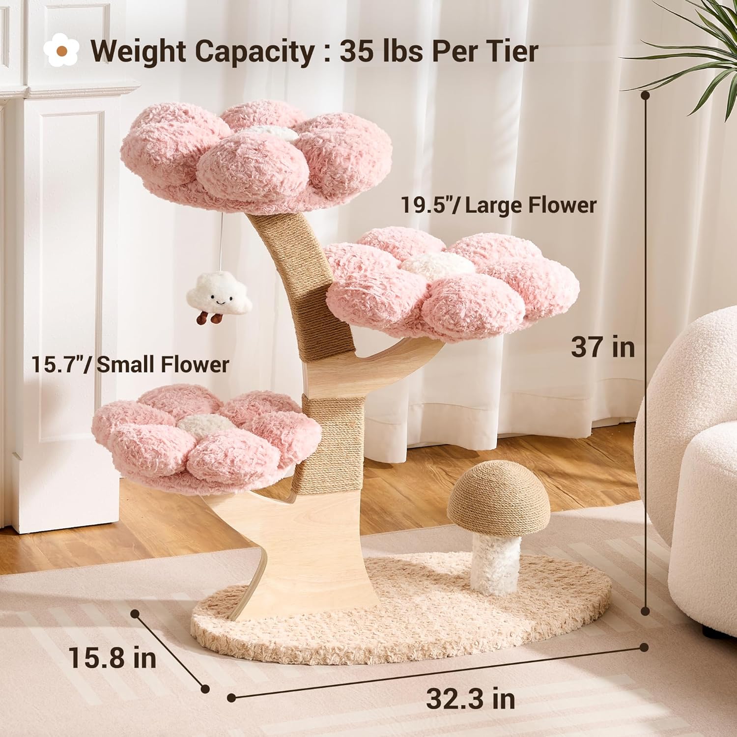 Aesthetic Flower Cat Tree Tower with Scratching Post for Indoor Cats, 37" H Modern Cat Tree with Wood Sculpted Branch, Flower Cat Beds, Mushroom Scratcher & Interactive Squeaky Toy, Pink