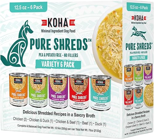 KOHA Pet Food Pure Shreds - Paquete variado de alimentos húmedos para perros con alto contenido de proteínas, 5 sabores, carne de res, pato, pollo y