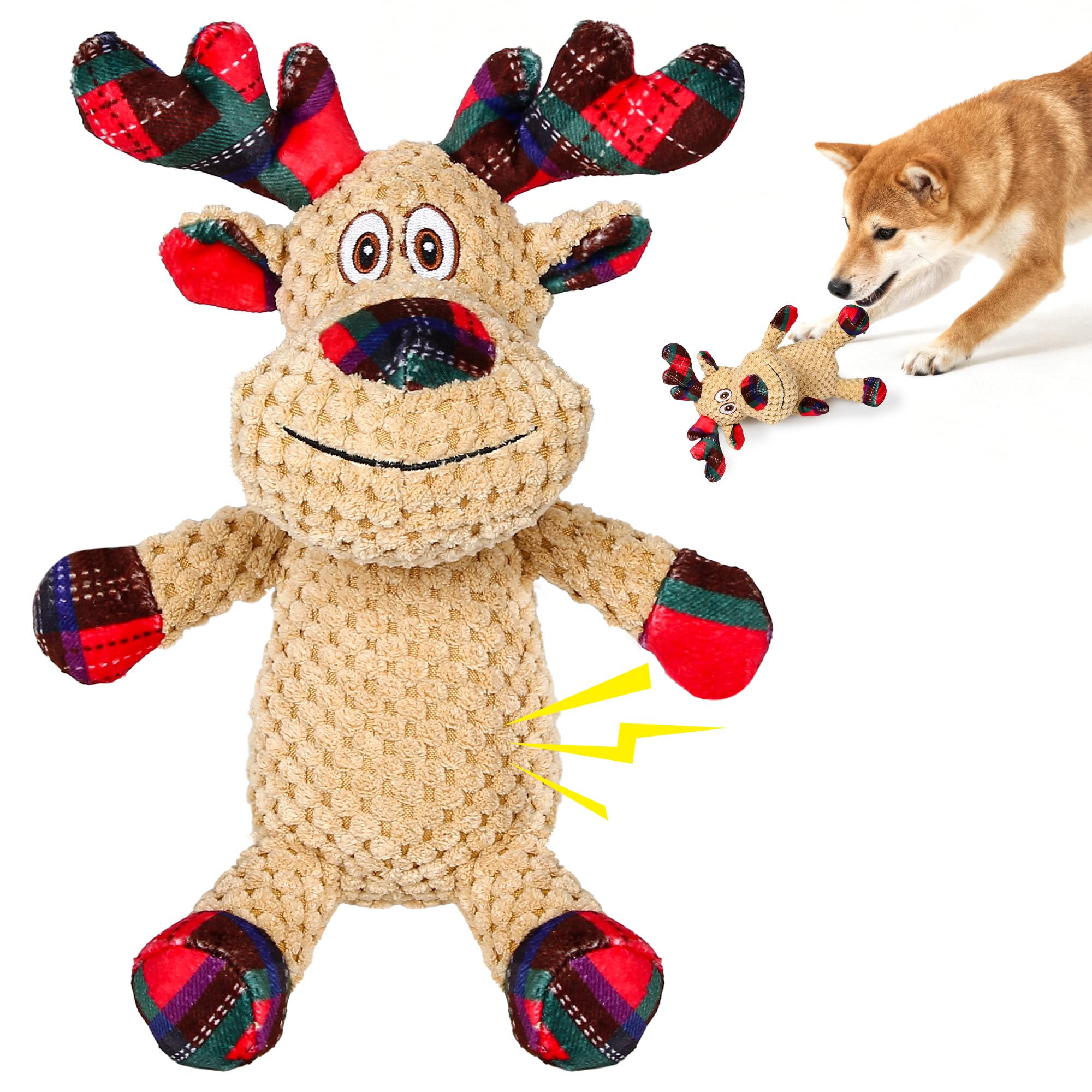 VORZOKISPL Christmas Squeaky Dog Toy - Soft Plush Reindeer Chew Toy, Durable & Safe Cotton, Interactive Xmas Gift for Small/Medium Dogs