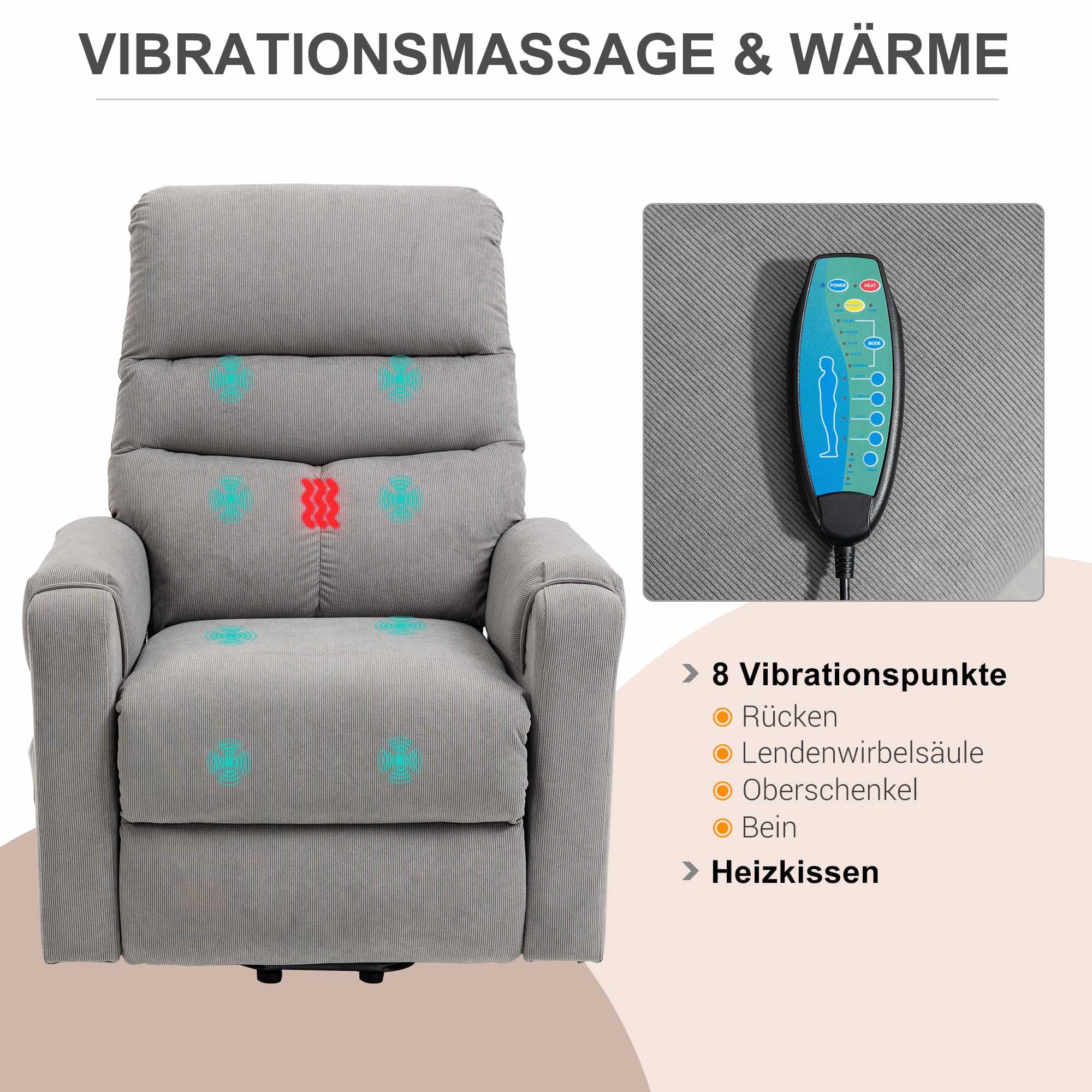 HOMCOM Fernsehsessel mit Aufstehhilfe Elektrisch, Massagesessel mit Liegefunktion und Wärmefunktion, Relaxsessel mit Fernbedienung und Seitentasche Verstellbar Polyester-Gewebe Dunkelgrau