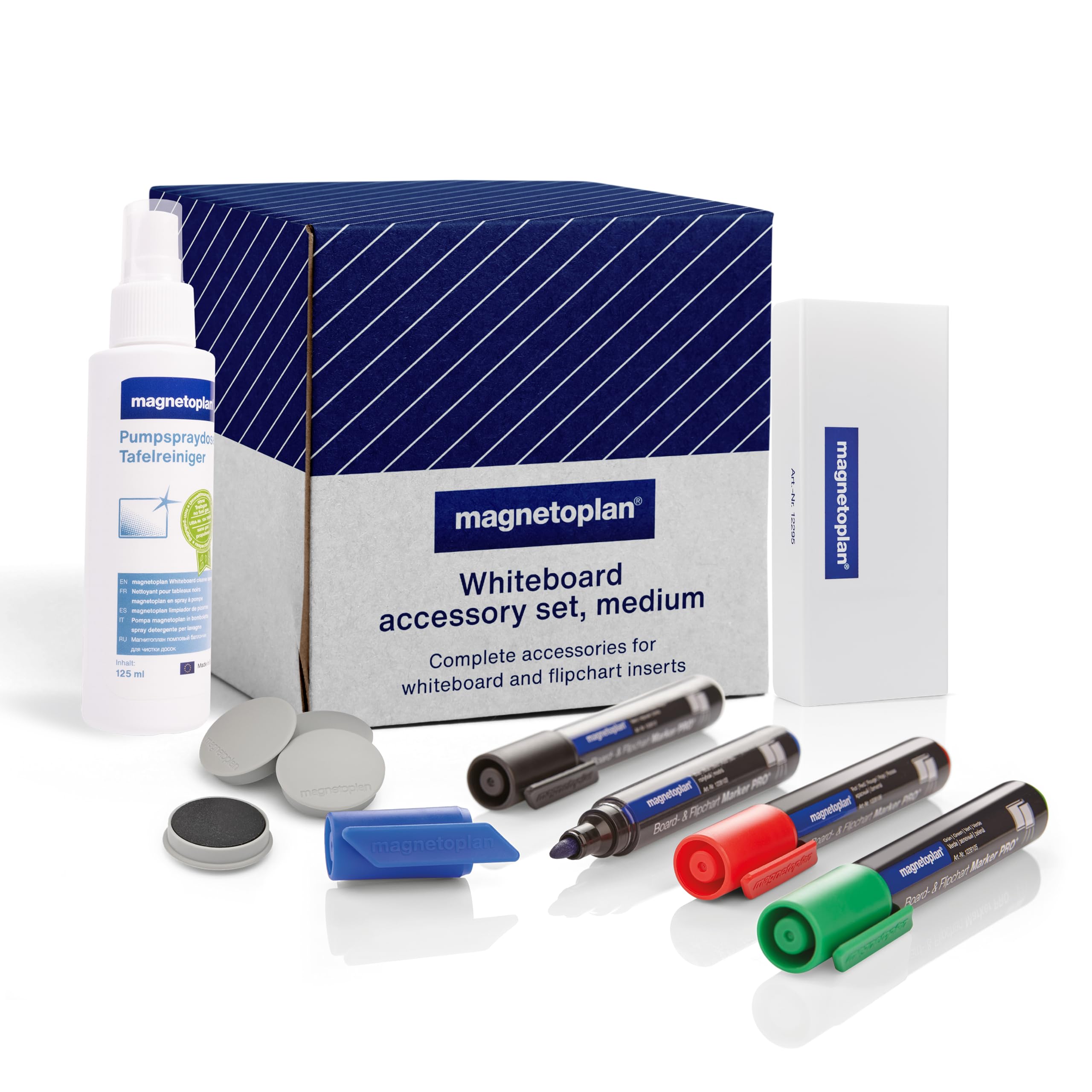 magnetoplan Whiteboard Zubehör-Set, Medium | Praktisches Set für Präsentationen | Inkl. Whiteboard Marker, Reiniger, Tafellöscher und Magnete | Perfekt für Büro, Schule und Zuhause
