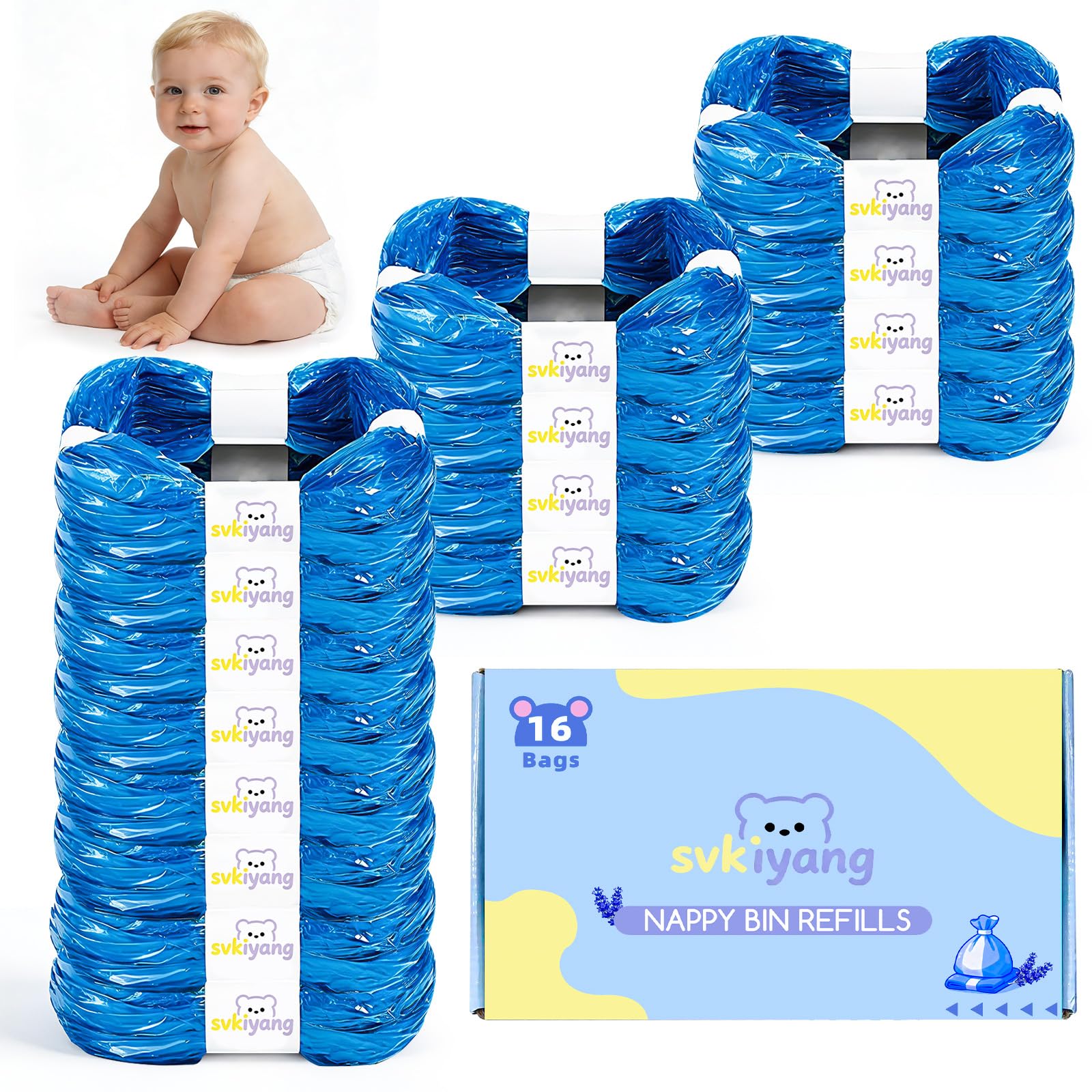 16 Stück Windeleimer Nachfüllkassetten, 7-Lagiges Antibakterielles und Desodorierendes EVOH-Material, Verdickte und Strapazierfähige Windelbeutel, Kompatibel mit Windeleimer & Katzenstreueimer