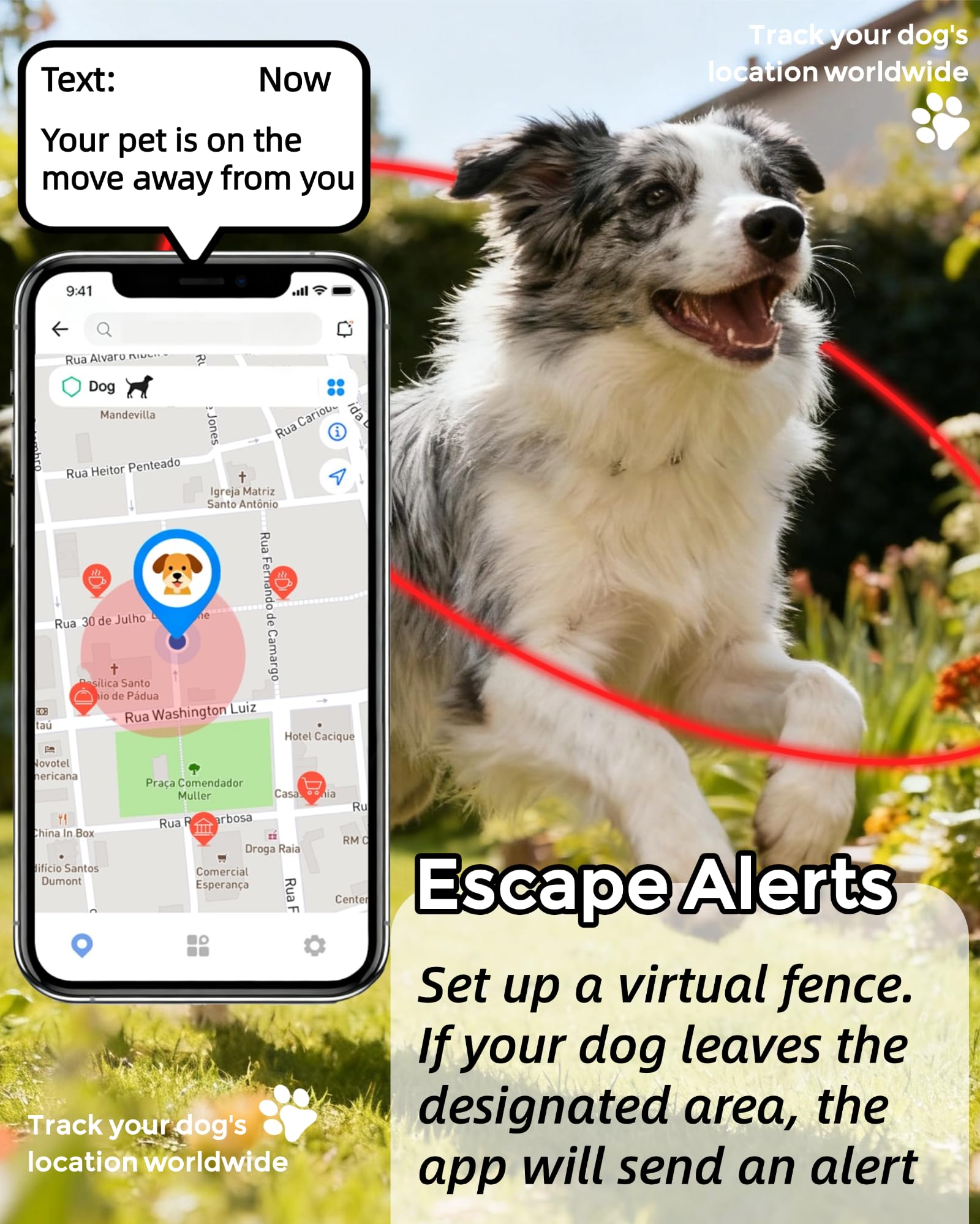 Smart GPS Hunde-Tracker, lebender Haustier-Tracker, virtueller Zaun, 10 Tage Akkulaufzeit, zugfestes Hundehalsband, IP67 wasserdicht, einfache Bedienung über proprietäre APP