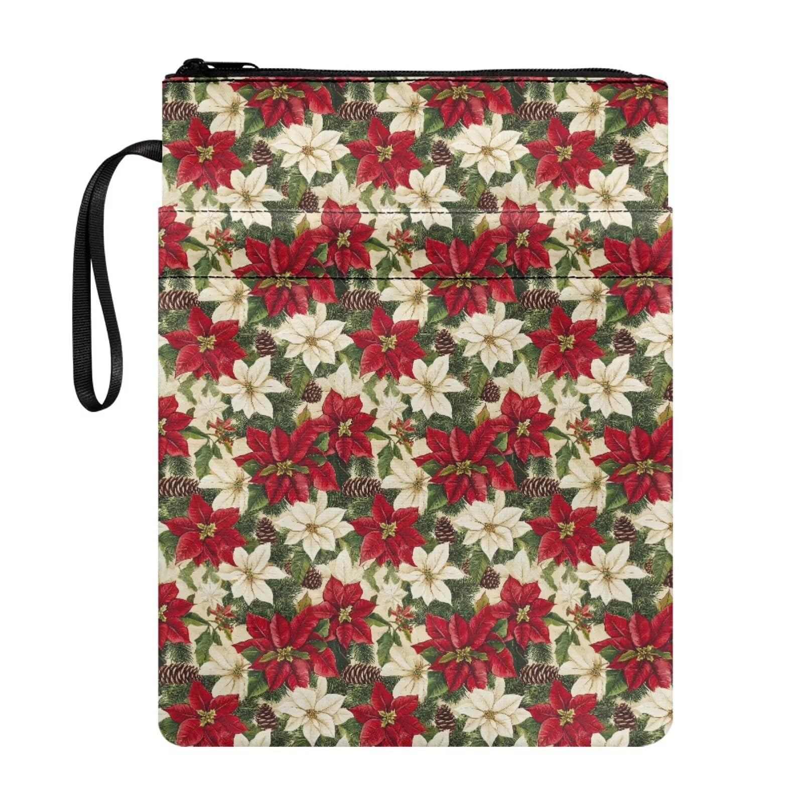 Binienty Retro Christmas Floral Book Sleeve with Zipper for Kids Teens Book Cover Pouch for Paperback Large Fabric Book Carry Case