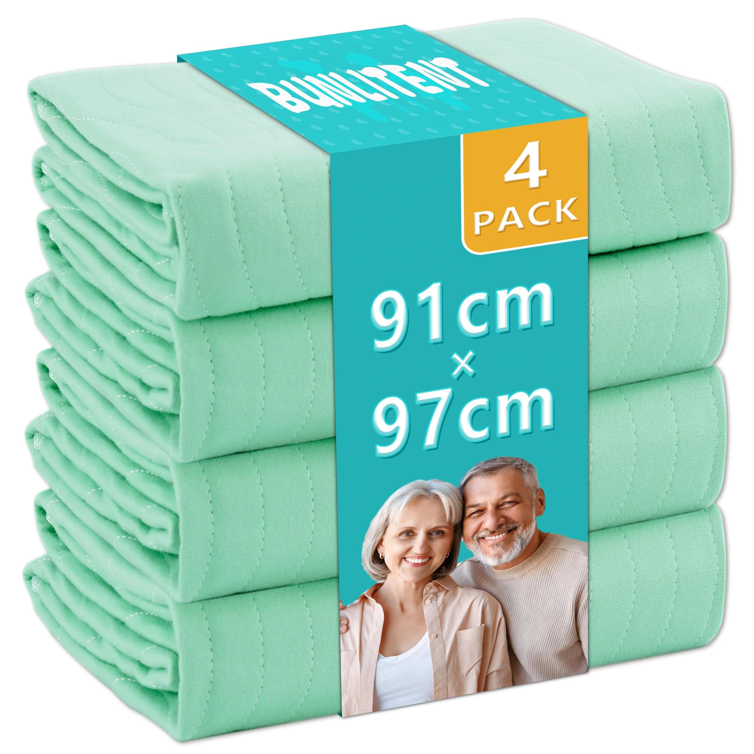 Lot de 4 draps lavables et imperméables pour incontinence, vert, 91 x 97 cm | Tapis de protection réutilisable pour adultes, enfants, personnes âgées, animaux domestiques, etc