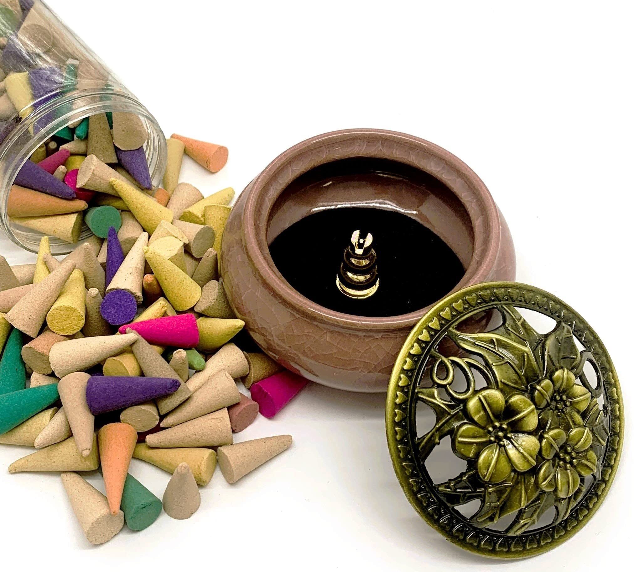 コーン型お香と花模様の香炉セット コーン型お香と花模様の香炉セット カラフルお香と花柄香炉