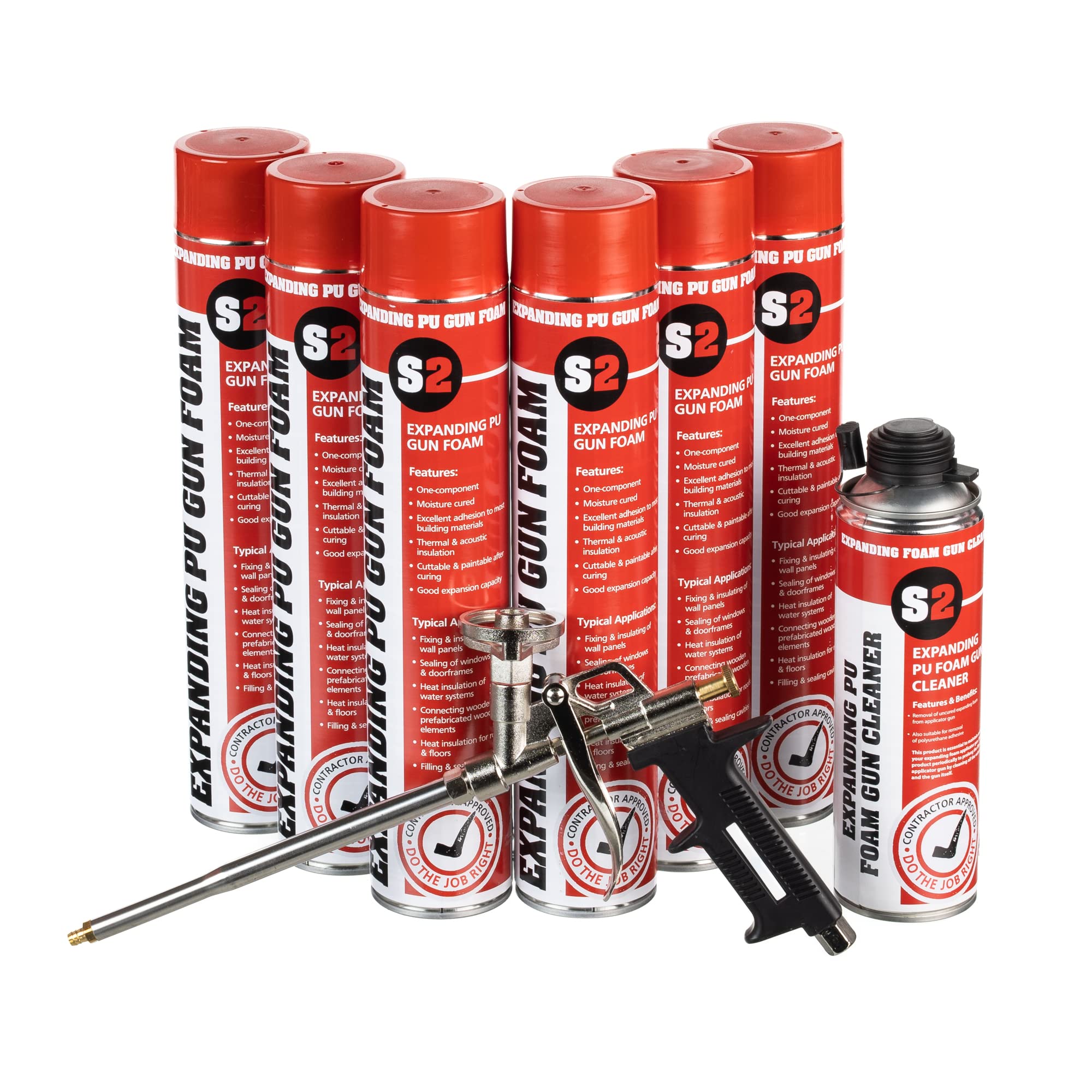 Stick2 One Component Polyurethane Expanding Gun Foam Expanding Foam Filler Exceptional Adhesion for Various Applications Gap Filler - Pack of 6 + 1 Applicator Gun + 1 x 500ml Gun Cleaner