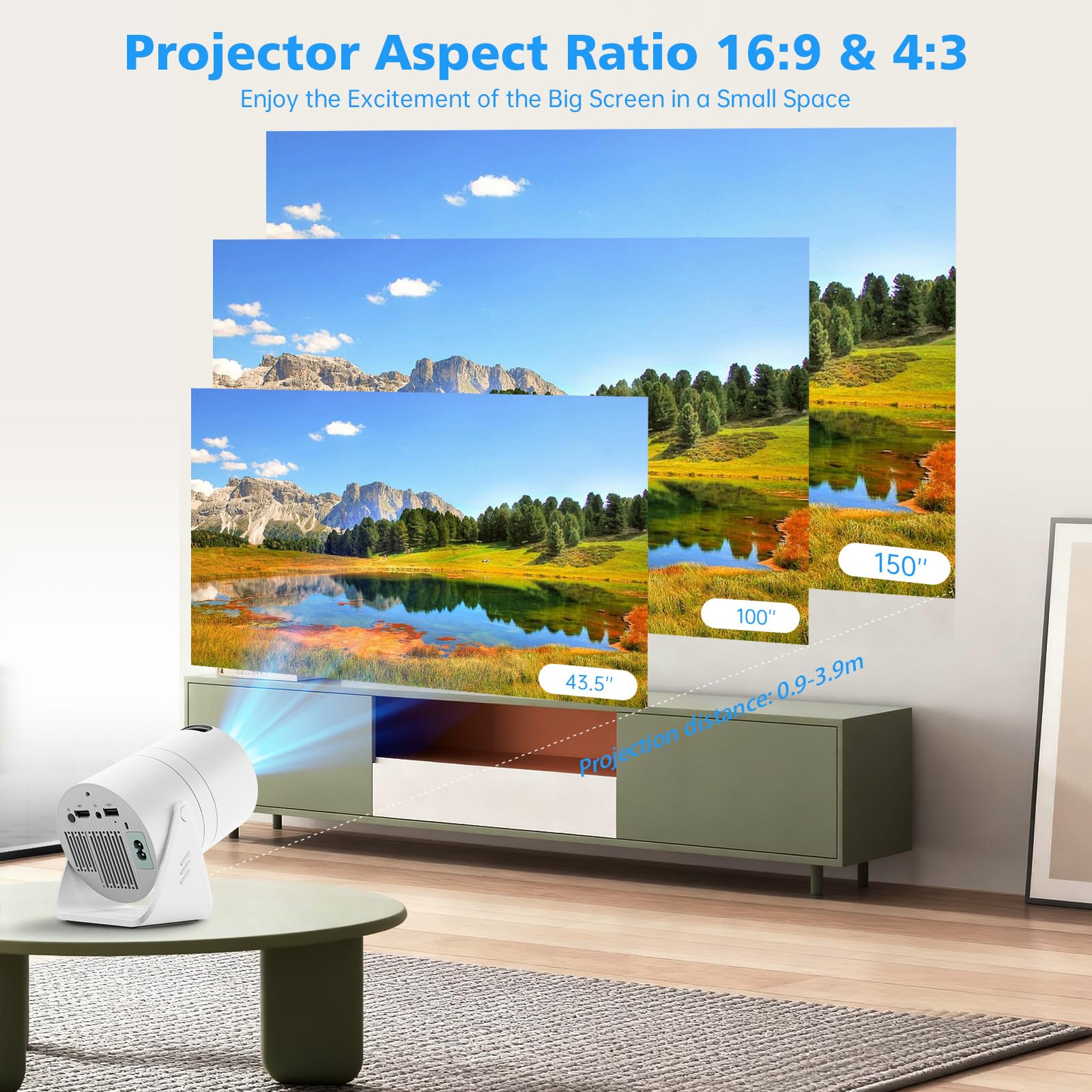 Messa a fuoco elettrica: mini proiettore, supporta proiettore portatile 4K 1080P con WiFi Dual Band e Bluetooth 5.2, 150 ANSI, rotazione a 180°, correzione trapezoidale automatica, video proiettore