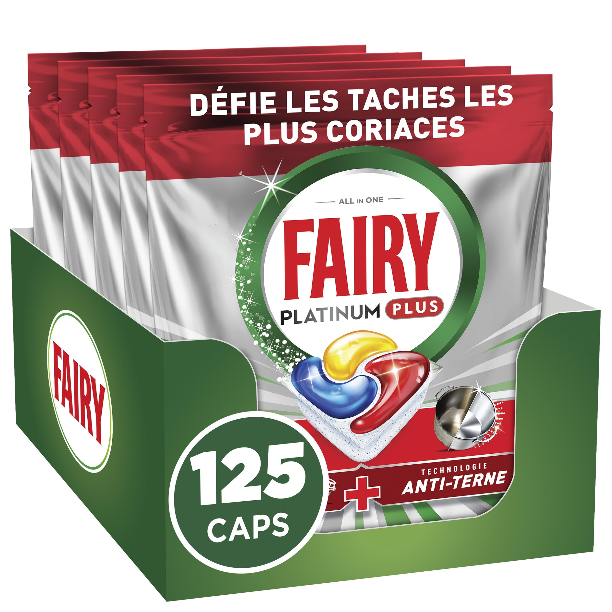 Fairy Platinum Plus Tablettes Lave-Vaisselle, 125 Tablettes (25x5), Parfum Citron, Technologie Anti-Terne, Redonne l'Éclat, Prévient le Calcaire, Système Pré-Lavage Intégré, Efficace en Cycle Court