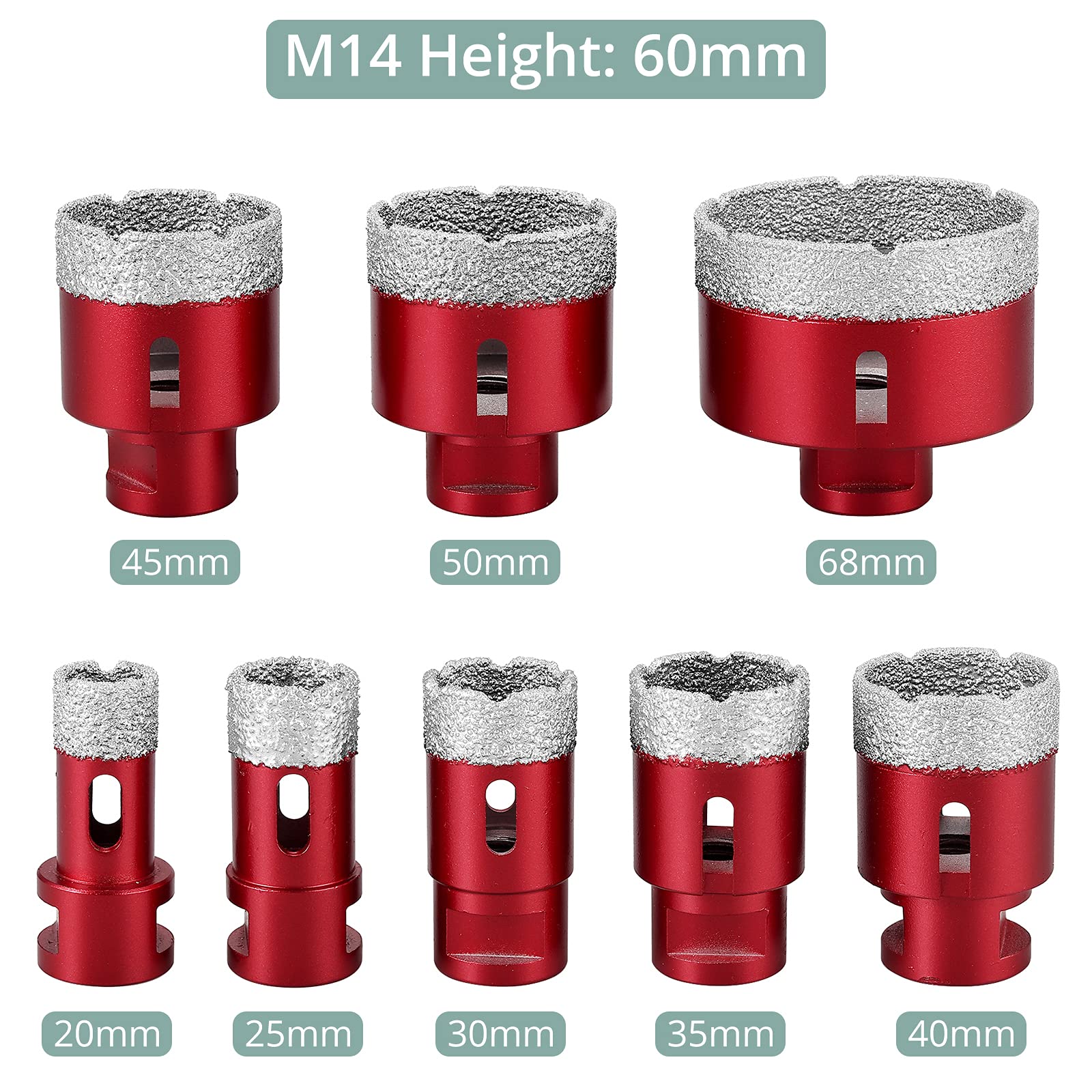 COLFULINE 8PCS Broca de Diamante Seco Soldada,Corona Diamante de Núcleo con 20mm,25mm,30mm,35mm,40mm,45mm,50mm,68mm,Perforación para Azulejos,Cerámica, Mármol, Granito