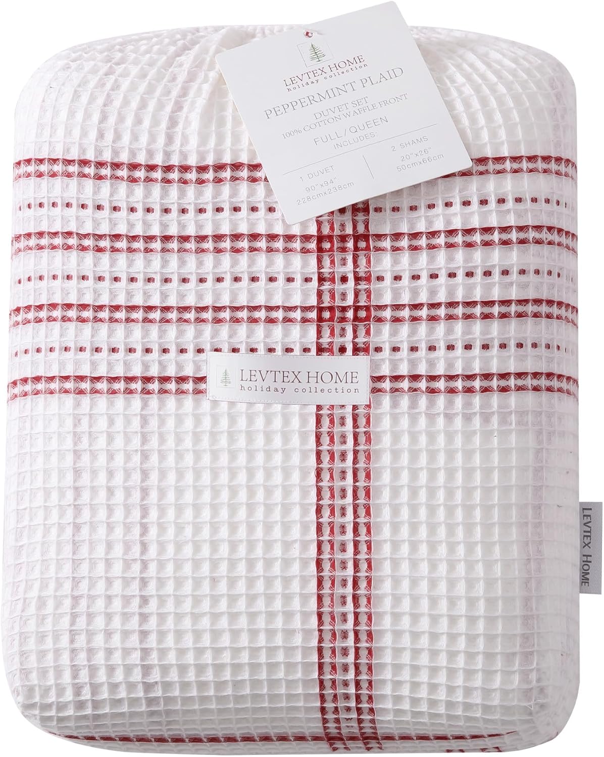 Levtex Home - Peppermint Plaid Duvet Cover Set - Full/Queen Duvet Cover + Two Standard Pillow Cases - Red, Cream - Waffle Plaid - Duvet Cover (90 x 94in.) and Pillow Case (26 x 20in.) - Cotton