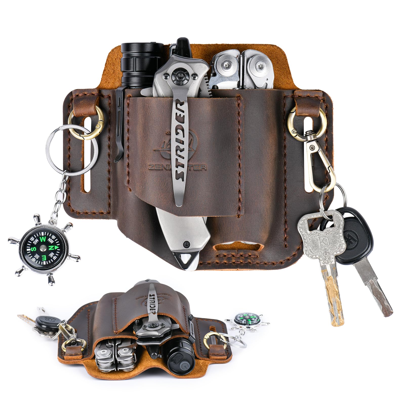 Genuine Leather Multitool Sheath, Fits 4" &amp; 4.5" Multi-tool Holster for Leatherman, Handmade EDC Belt Organizer, 4-Pocket Tool Pouch for Flashlight &amp; Pen, Camping Carry (Dark Brown)