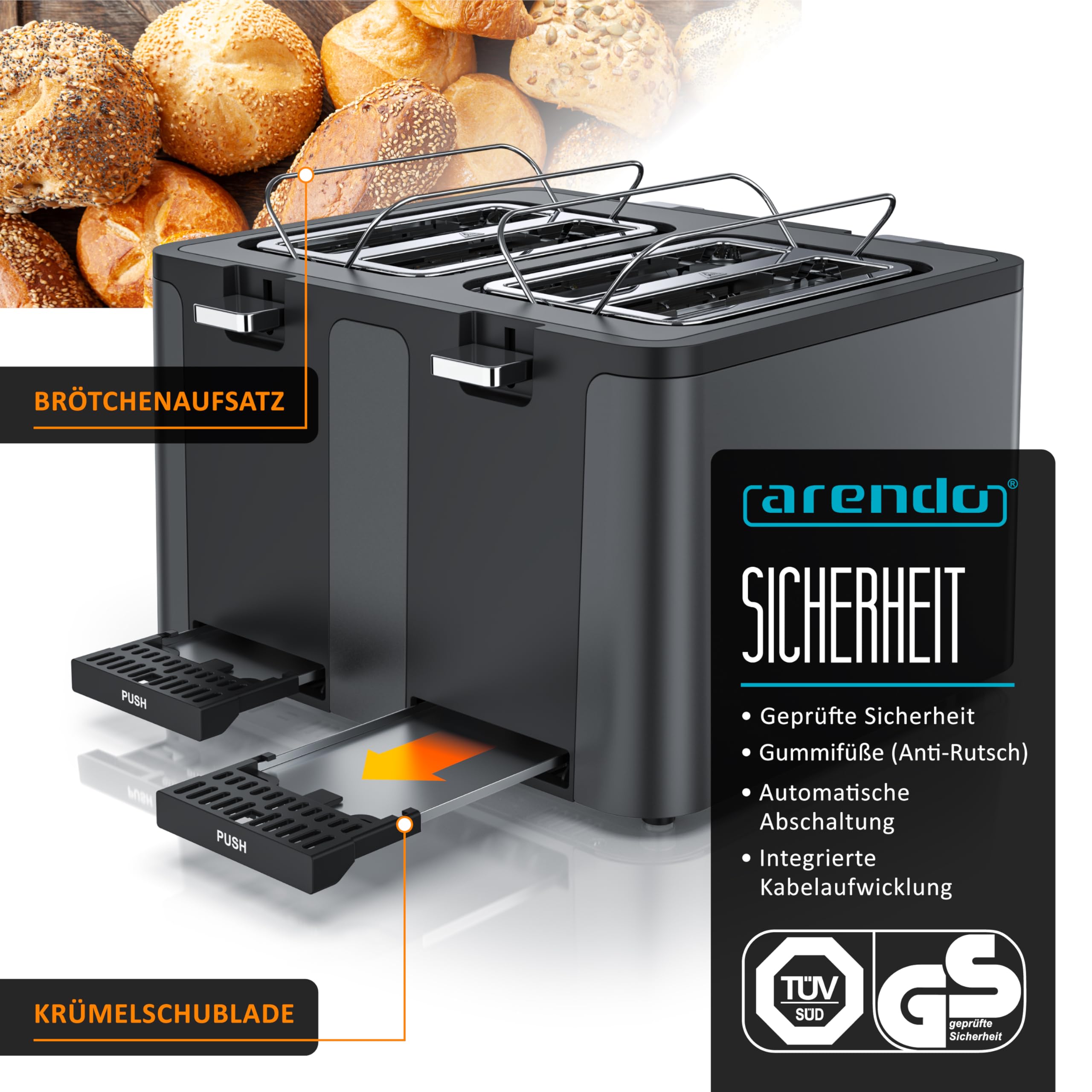 Arendo - Toaster 4 Scheiben Edelstahl - mit Brötchenaufsatz - 4 Schlitze - LED Anzeige Restzeitanzeige – Doppelwandgehäuse - Defrost Funktion - Krümelschublade - 6 Bräunungsgrade - Cool Grey Design