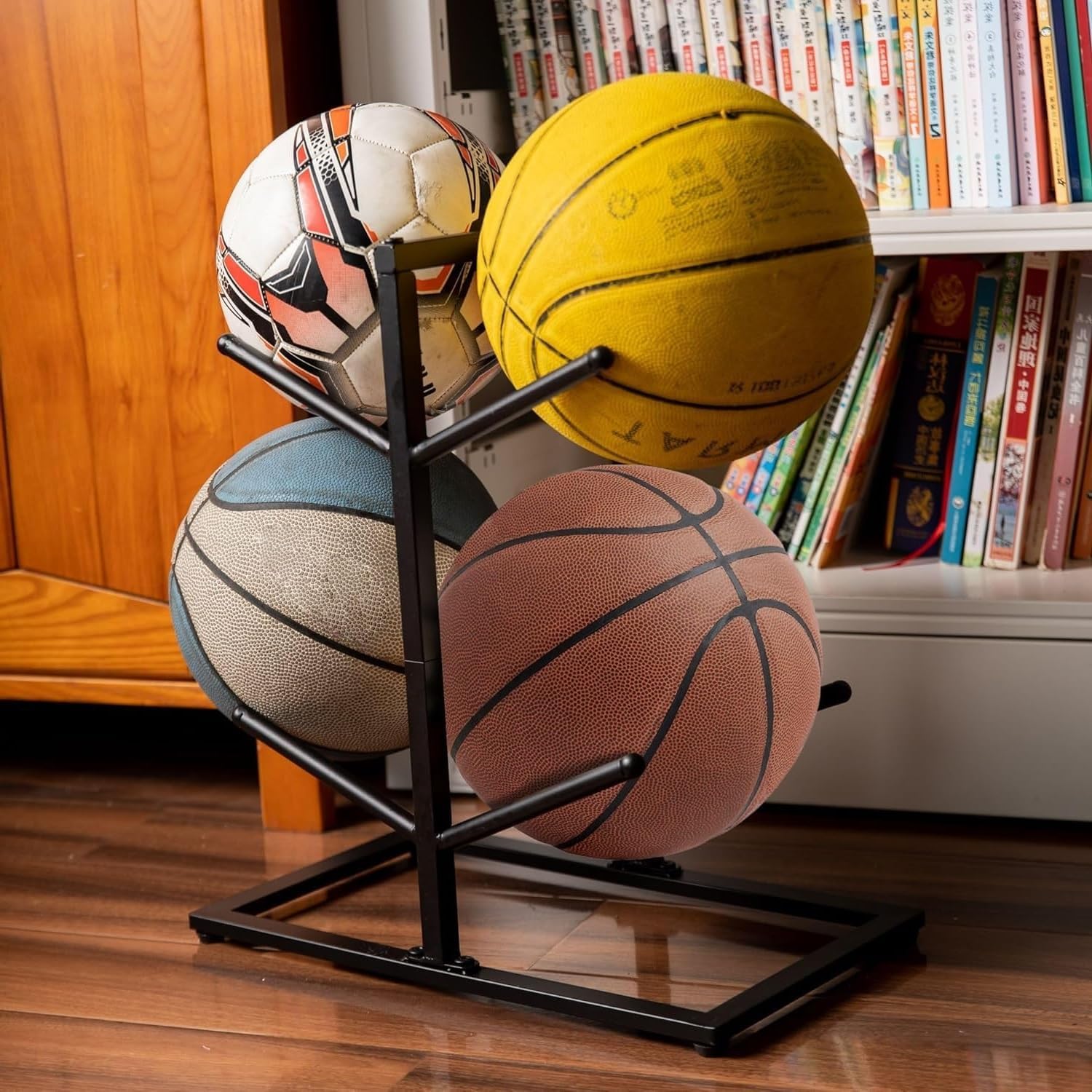 OGFC 57163 Metal Double Side space saving Basketball Holder For/Metal Ball Rack Display Stand For Basketball Football Volleyball Storage, Ball Holder Sports Decor For Indoor - Black-picture-29