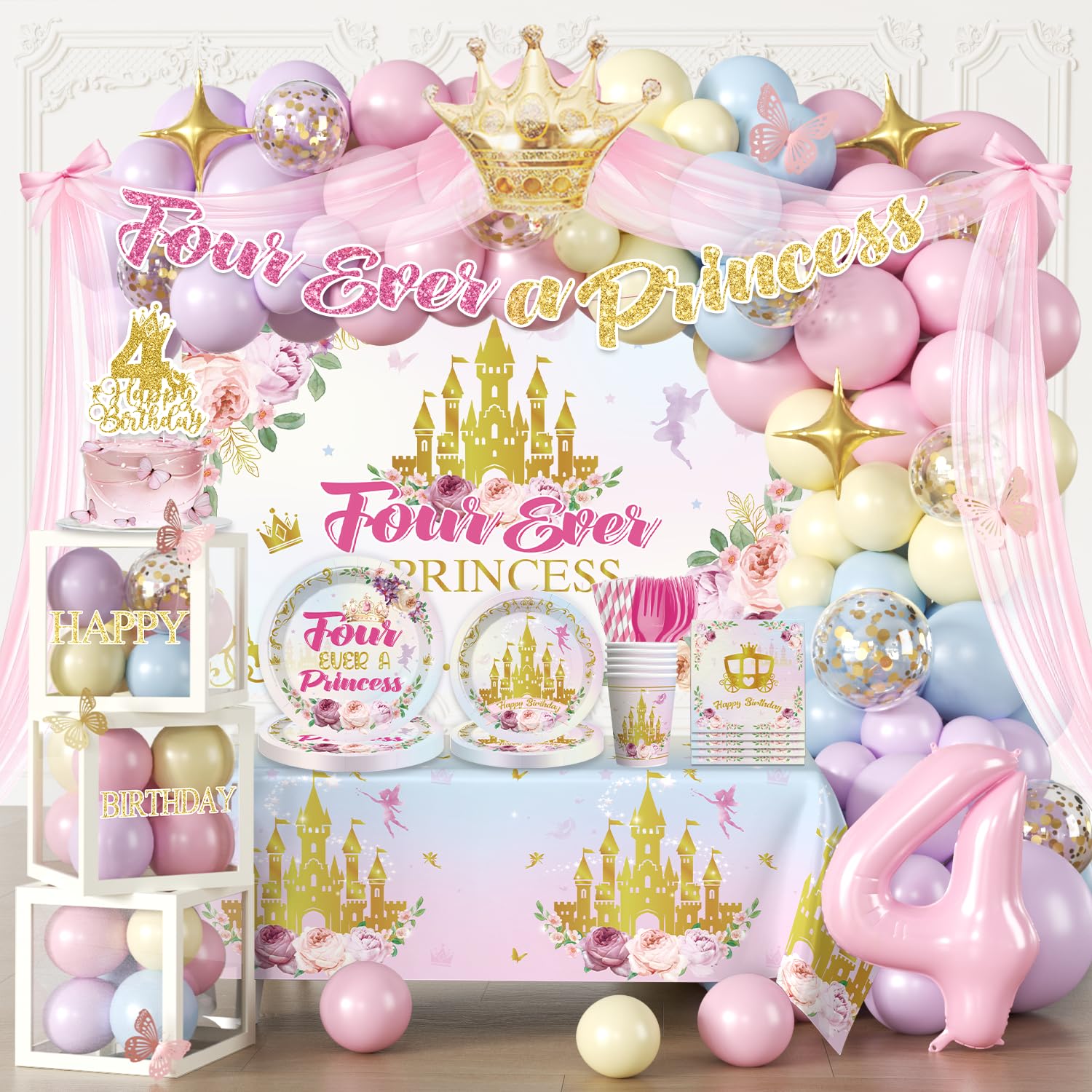 Four Ever a Princess Birthday Decorations, All-in-One Set for 25 Guests