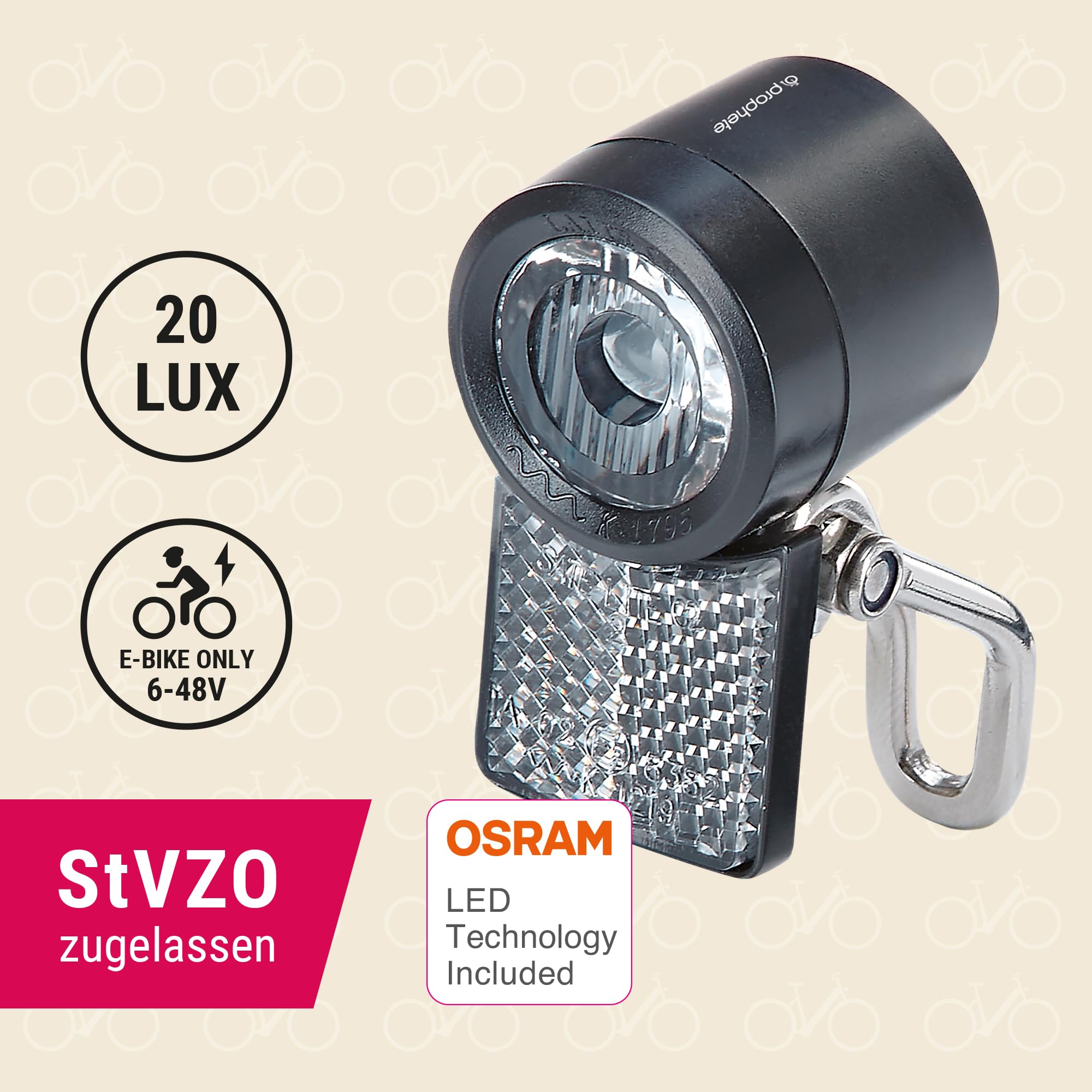 Faro Bicicletta Elettrica Prophete 20 Lux OSRAM LED - Compatibile 6-48V E Dinamo, Luce Di Posizione, IPX6, Supporto Acciaio, Omologato StVZO