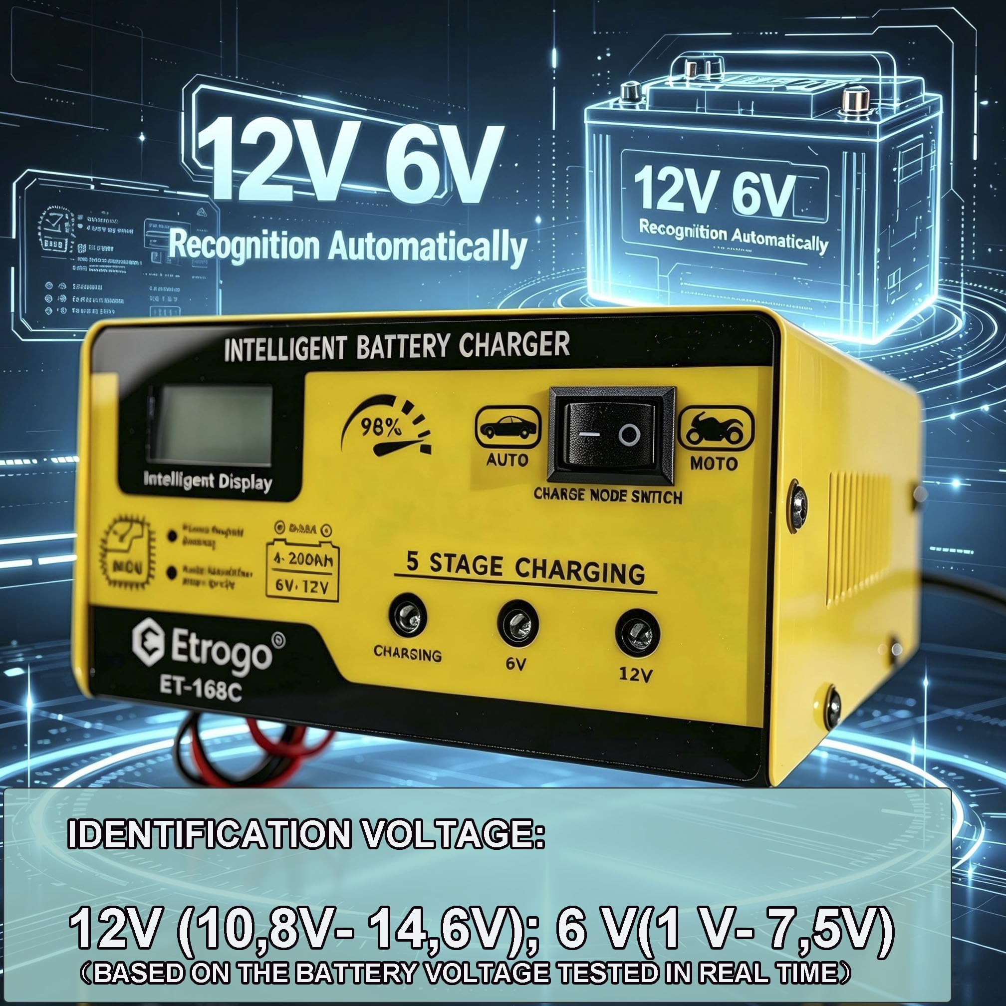 Etrogo Chargeur de Batterie 12V 6V 1A-15A Intelligent Entièrement Automatique Chargeur d'impulsions avec écran à Barre LED pour Voiture Moto