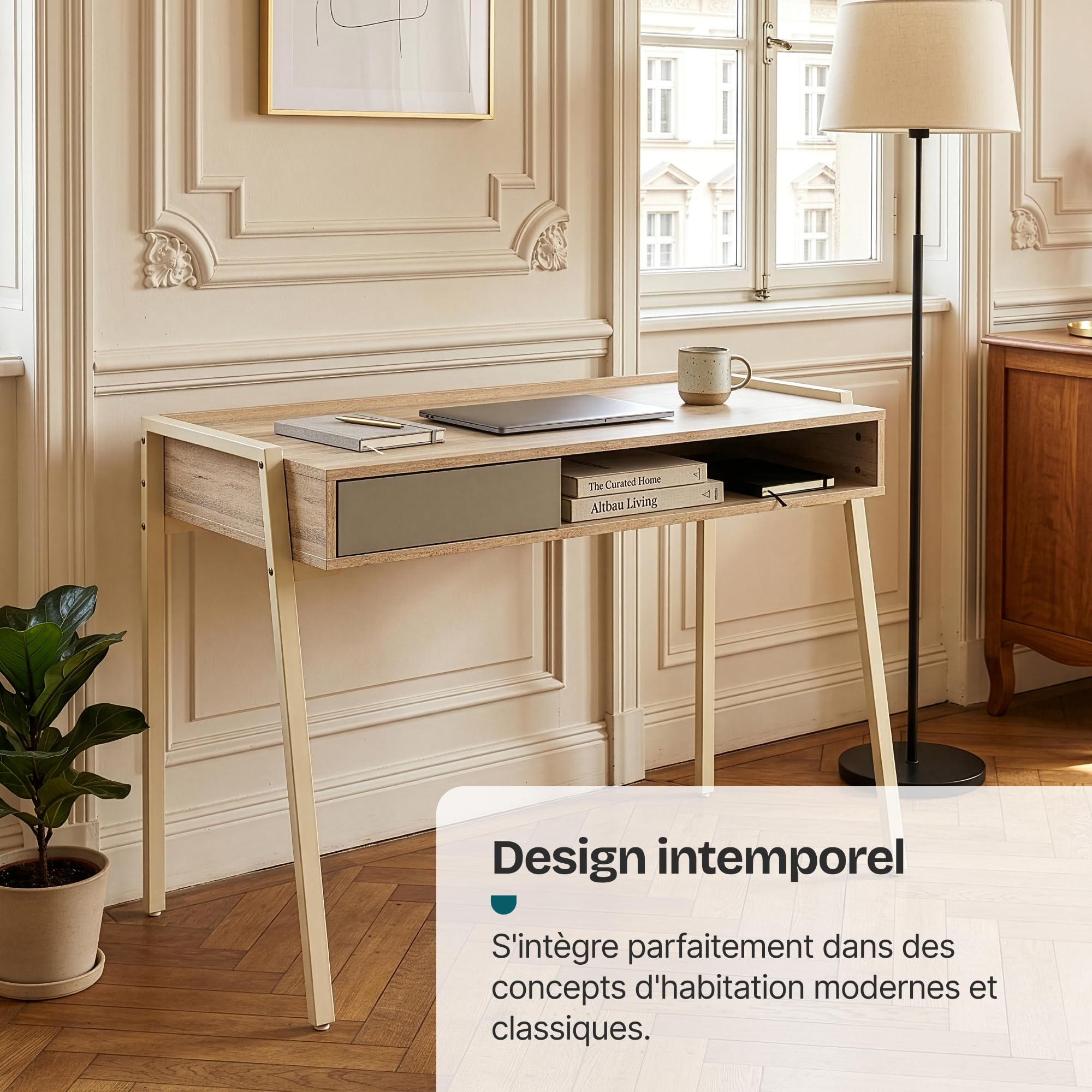 [en.casa] Bureau Boderas 107 x 55 x 78 cm Beige Effet Travertin | compartiment ouvert, tiroir, rebords surélevés, structure robuste, pieds réglables, compact, télétravail, home office