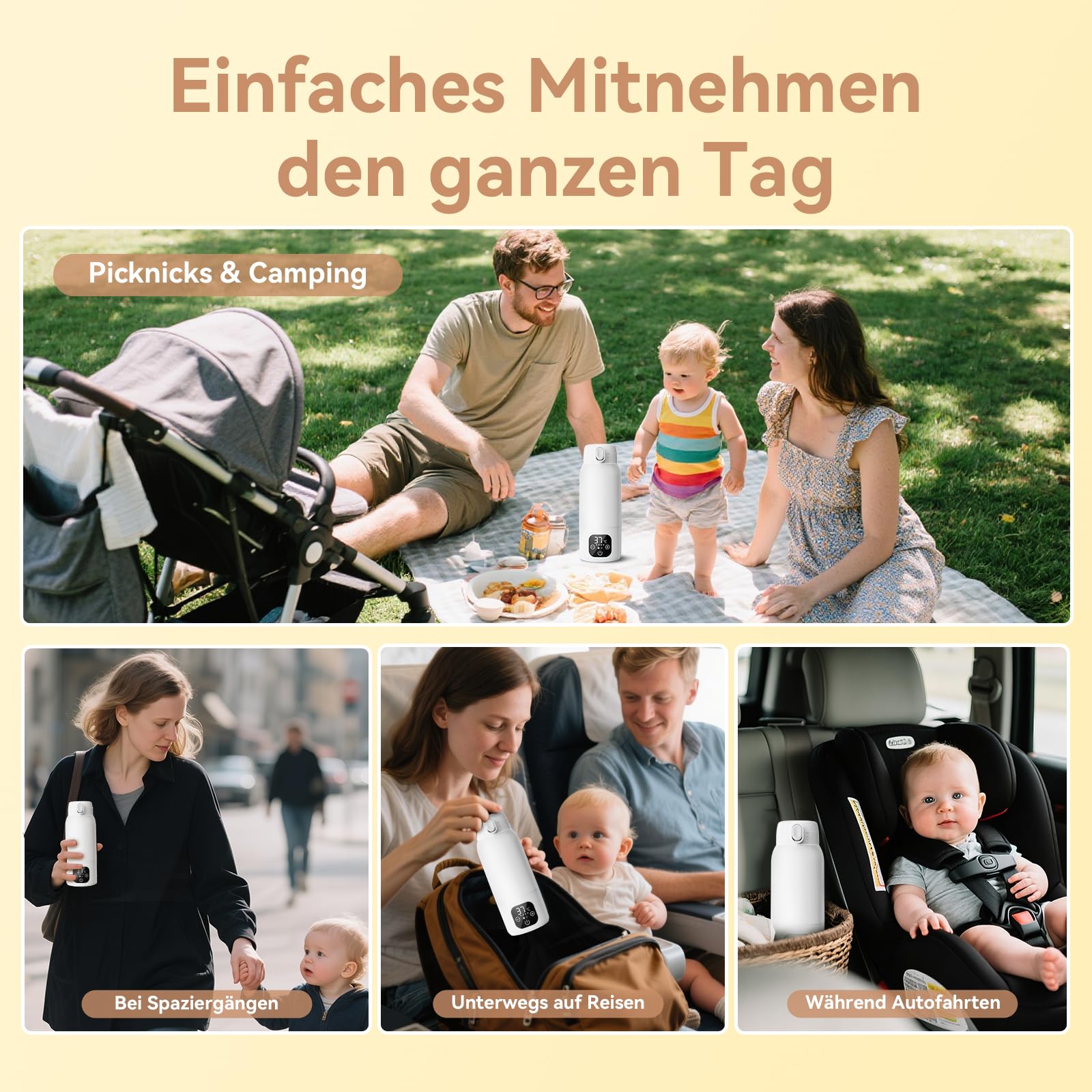 Tragbarer Babyflaschenwärmer für unterwegs – 500ml 316L Edelstahl, 3 Min Schnellheizung & Pasteurisation, 24h Dual-Temperatur (±1℃) für Muttermilch/Pre-Nahrung/Wasser