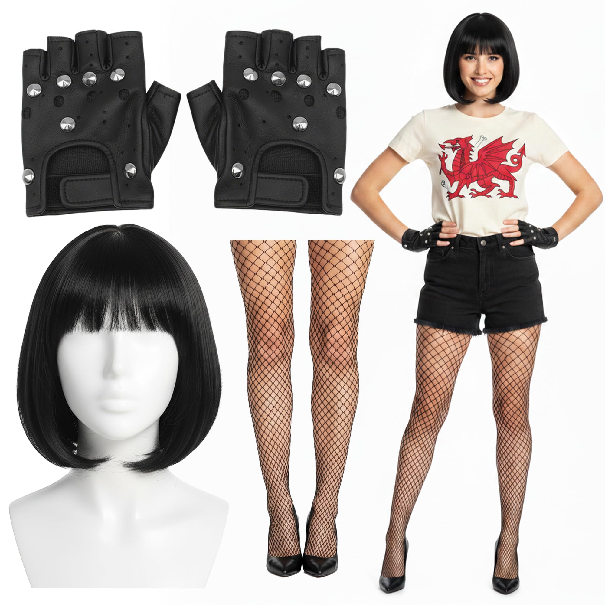 Fictoria Welsh TV Character Costume - Black Bob Wig Fancy Dress Accessories Set with Studded Fingerless Gloves and Fishnet Tights for Women TV Character Cospaly Party