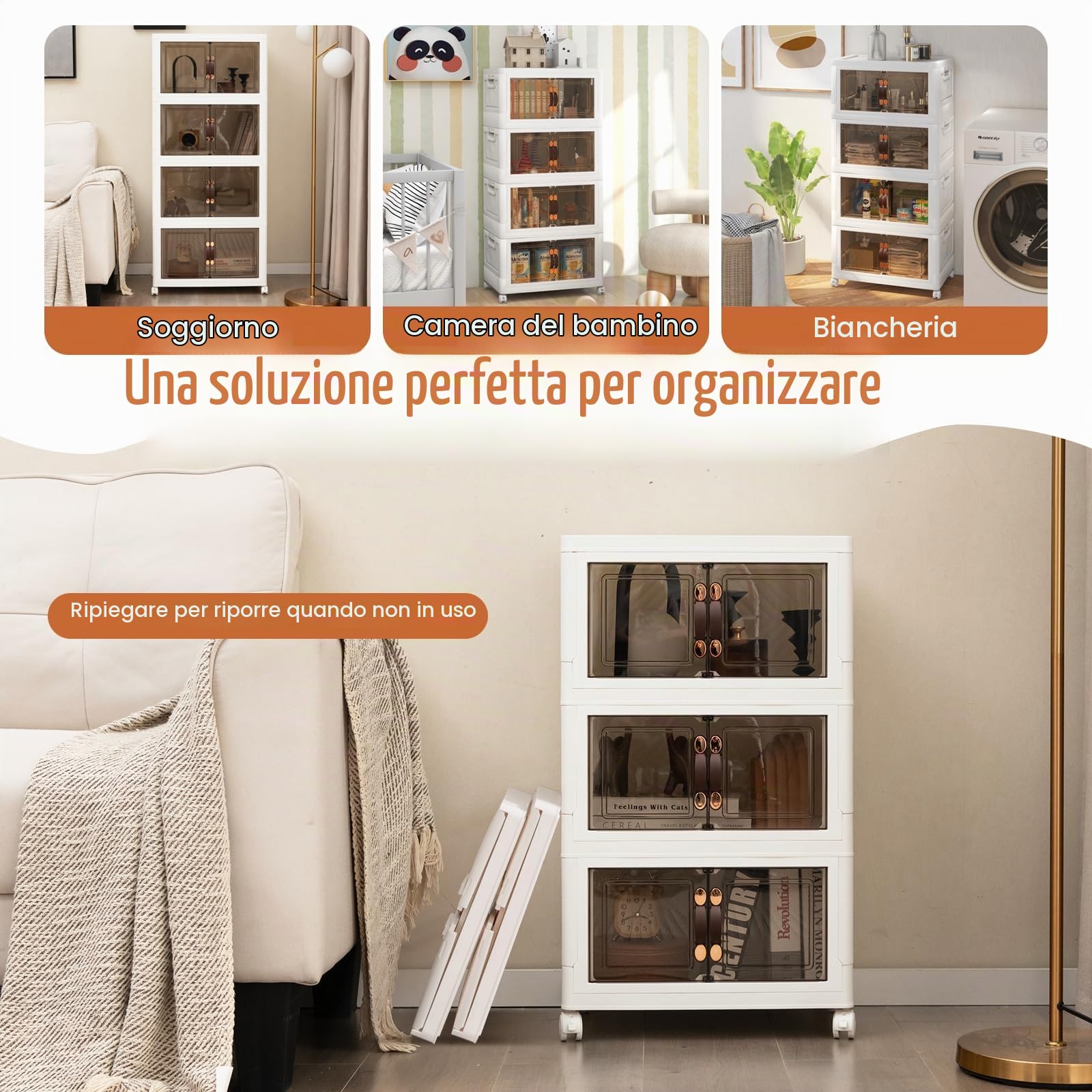 GIANTEX Scatole di Stoccaggio Pieghevole, Contenitori in Plastica, Scatola Portaoggetti con 4 Ruote, Scatole Impilabili con Ante, Ogni Piano Regge 5 kg (L-Set di 4)