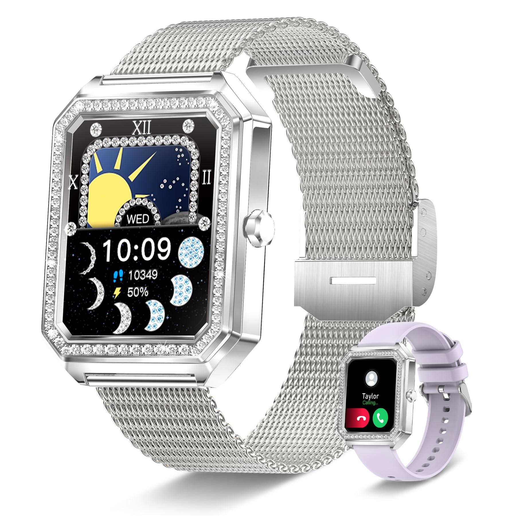 Iaret Reloj Inteligente Mujer con Llamada,1.59" Impermeable Diamante Smartwatch con Seguimiento Menstrual Pulsómetro SpO2 Monitor Sueño Presión Arterial Reloj Podómetro para Android iOS, Regalo Mujer