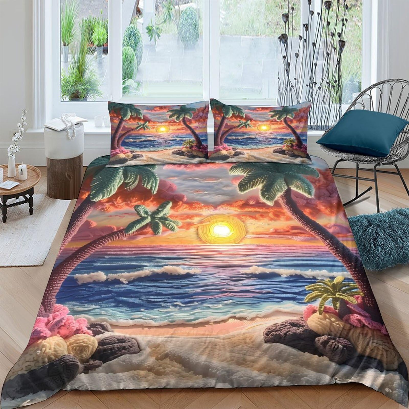 Ctjqhvkz Style-8 3D Printed Sunset Beach Fitted Sheet Microfiber Soft Palm Tree Mattress Cover For Bedroom Guest Room Decor Single（135X200cm）